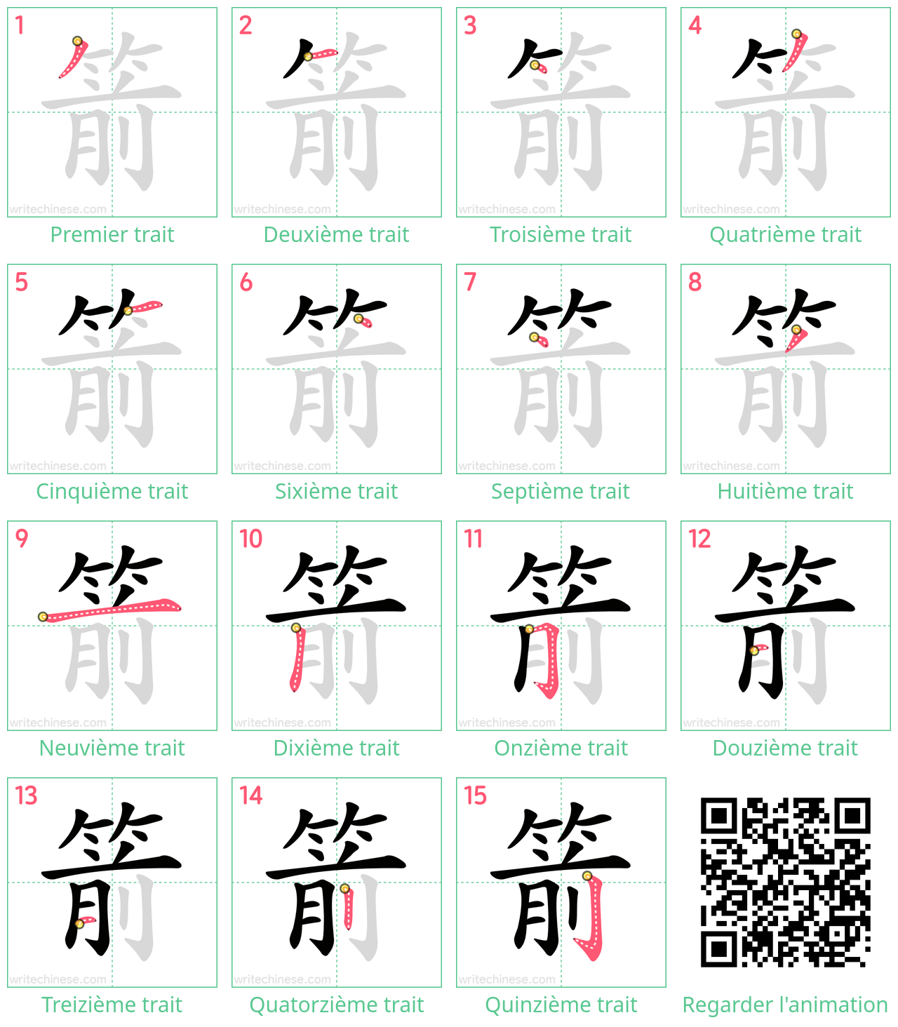 Diagrammes d'ordre des traits étape par étape pour le caractère 箭