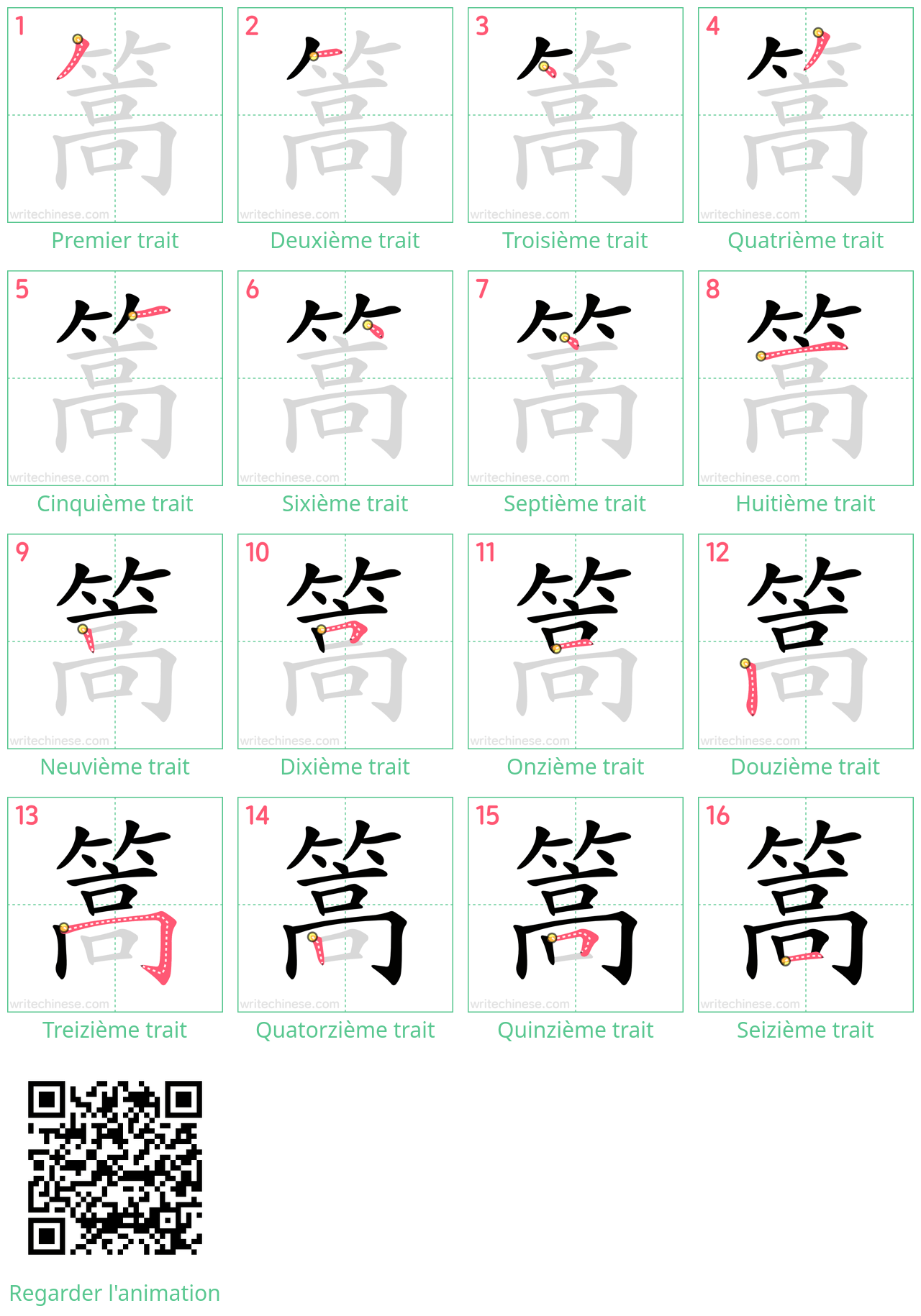 Diagrammes d'ordre des traits étape par étape pour le caractère 篙