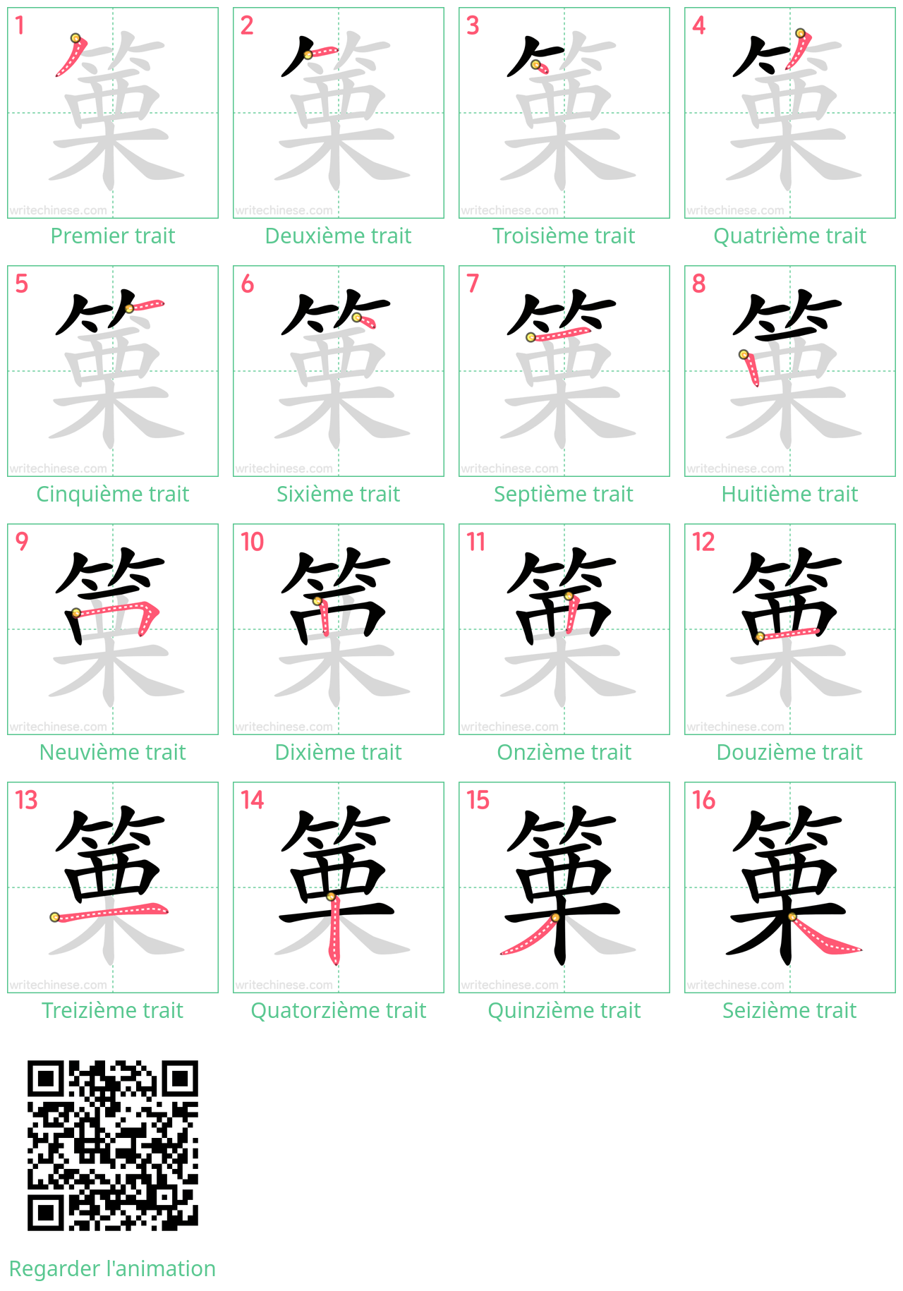 Diagrammes d'ordre des traits étape par étape pour le caractère 篥