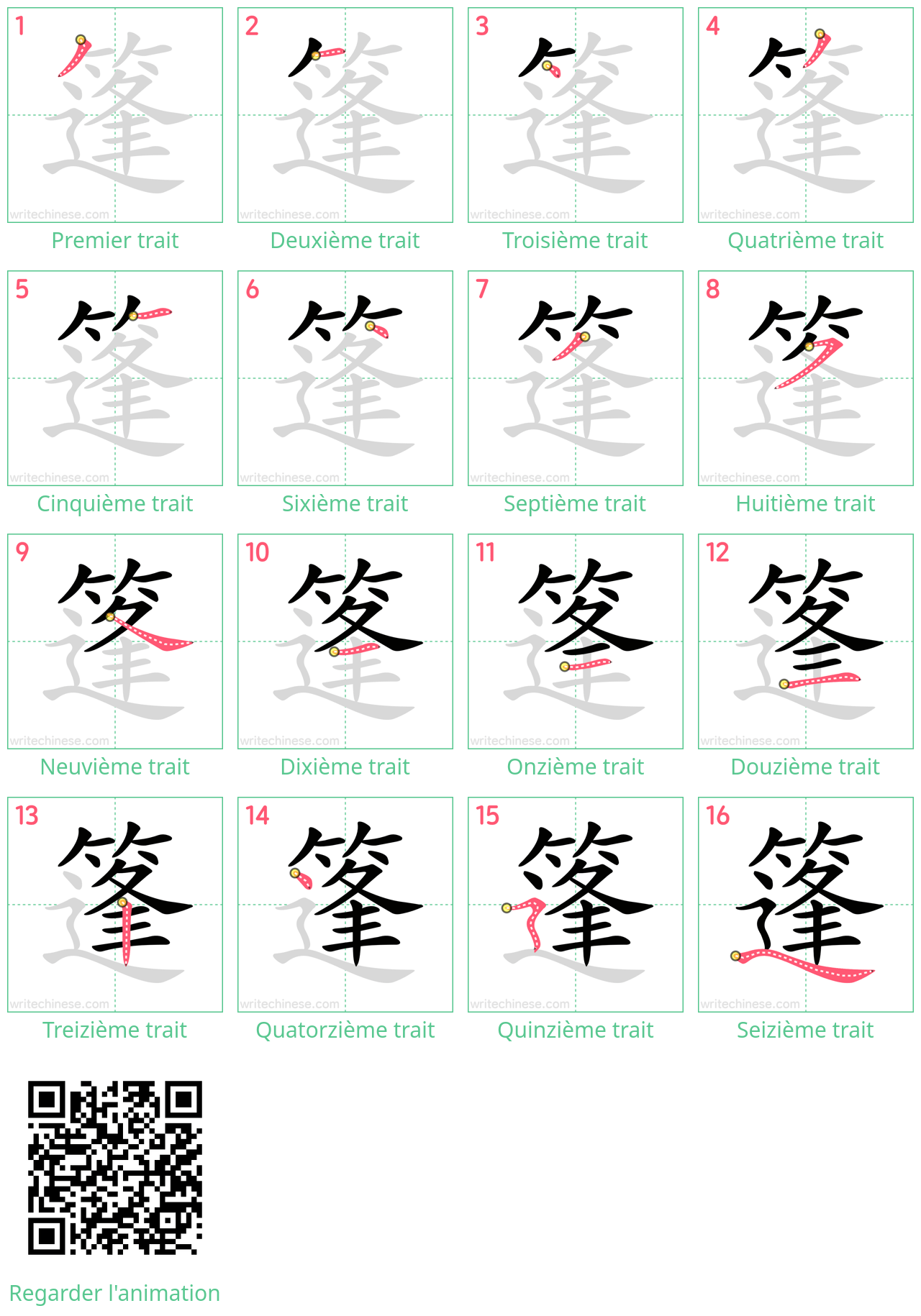 Diagrammes d'ordre des traits étape par étape pour le caractère 篷