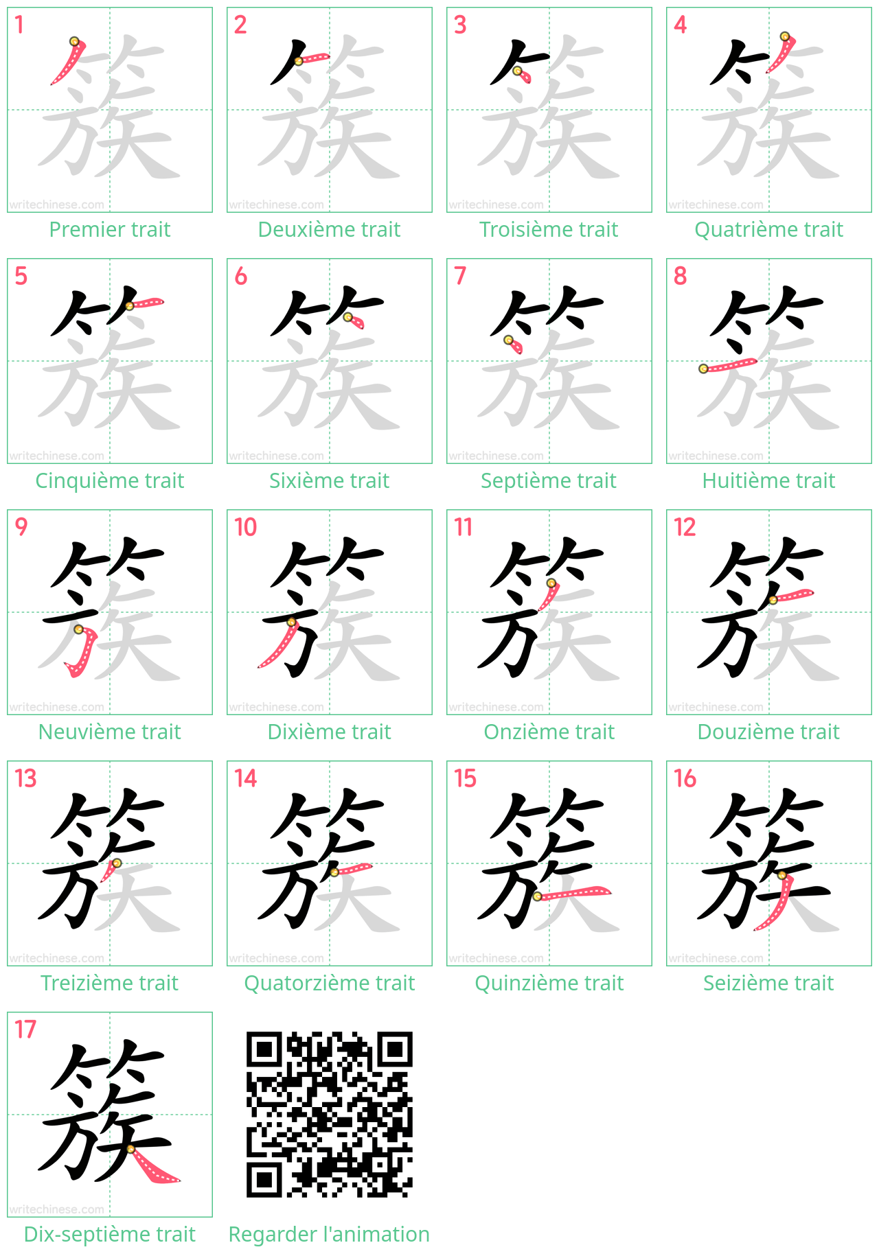 Diagrammes d'ordre des traits étape par étape pour le caractère 簇