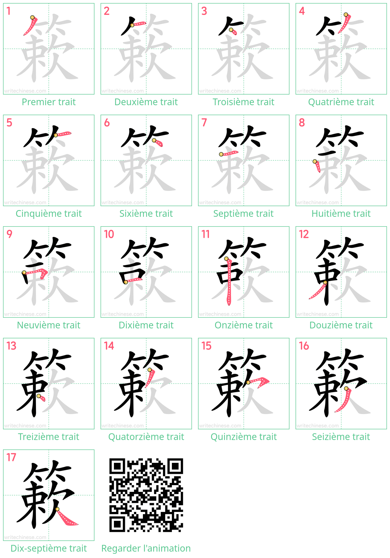 Diagrammes d'ordre des traits étape par étape pour le caractère 簌