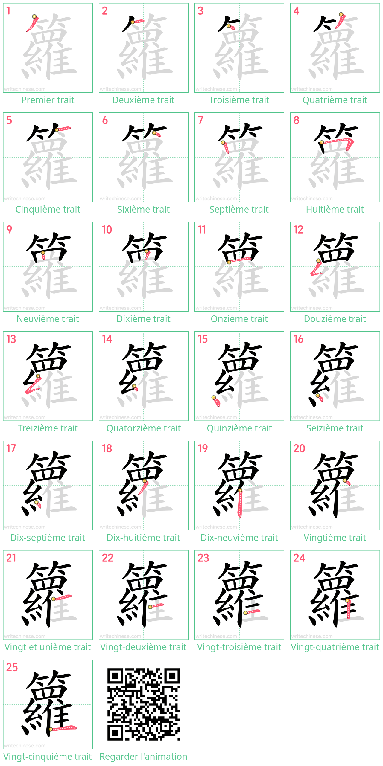 Diagrammes d'ordre des traits étape par étape pour le caractère 籮