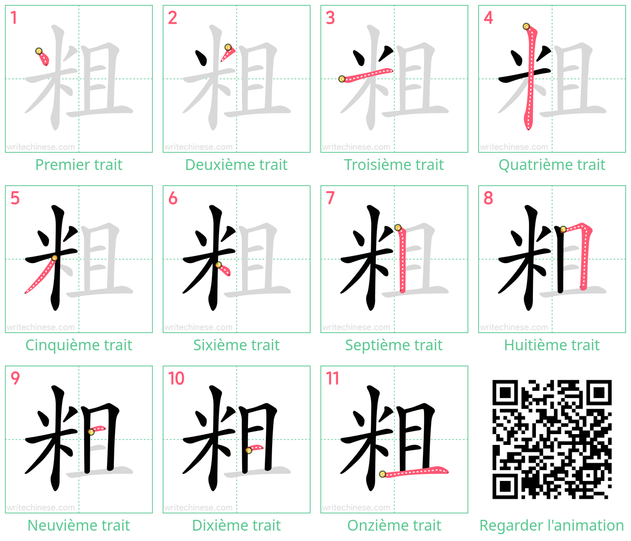 Diagrammes d'ordre des traits étape par étape pour le caractère 粗