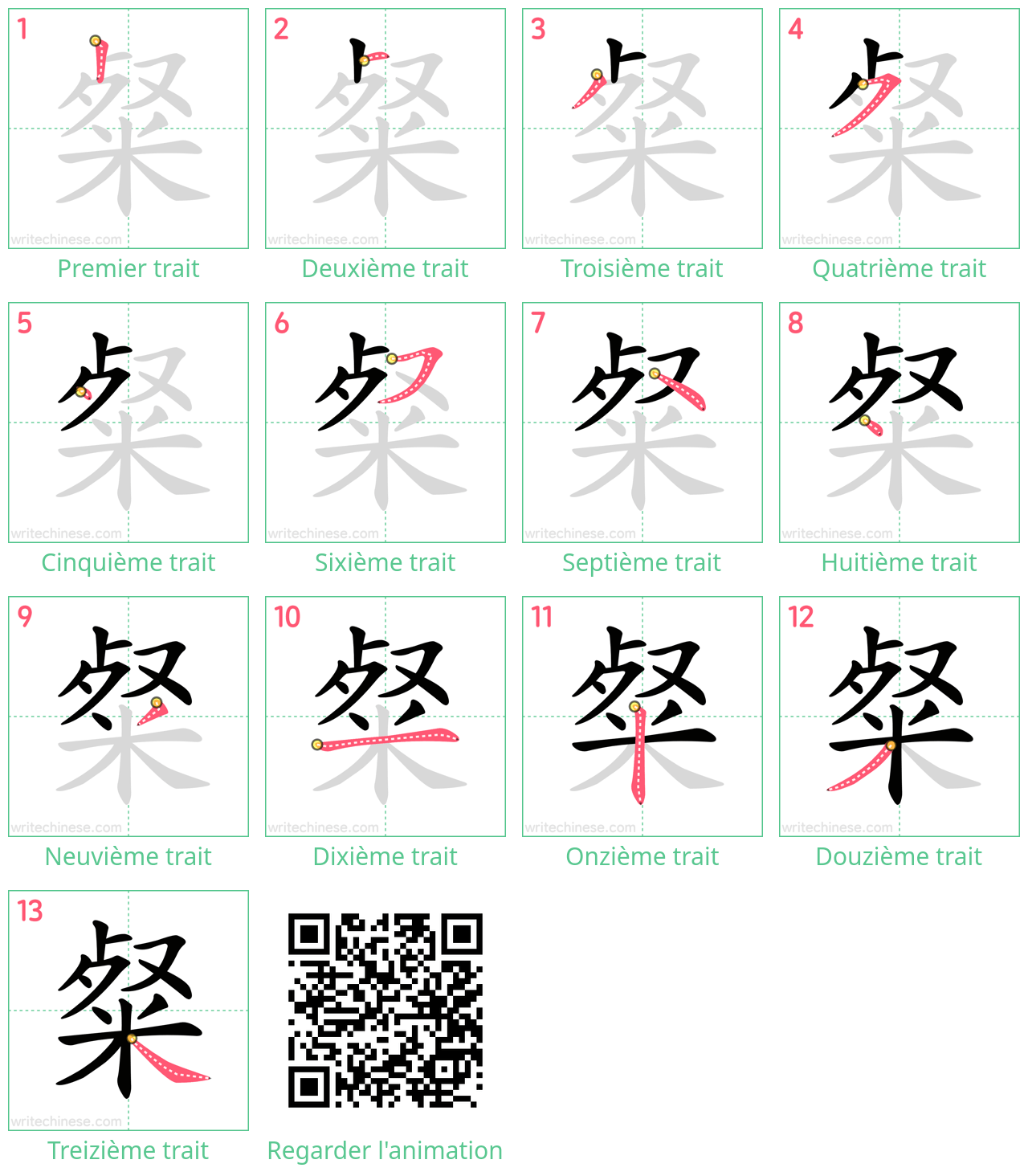 Diagrammes d'ordre des traits étape par étape pour le caractère 粲