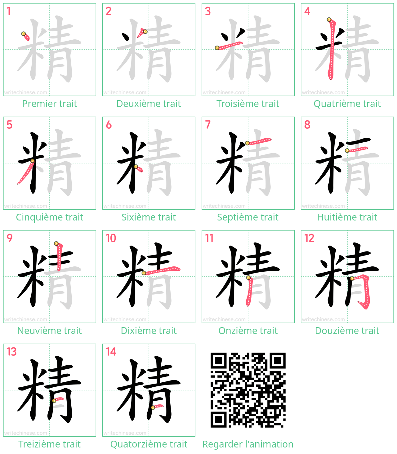 Diagrammes d'ordre des traits étape par étape pour le caractère 精