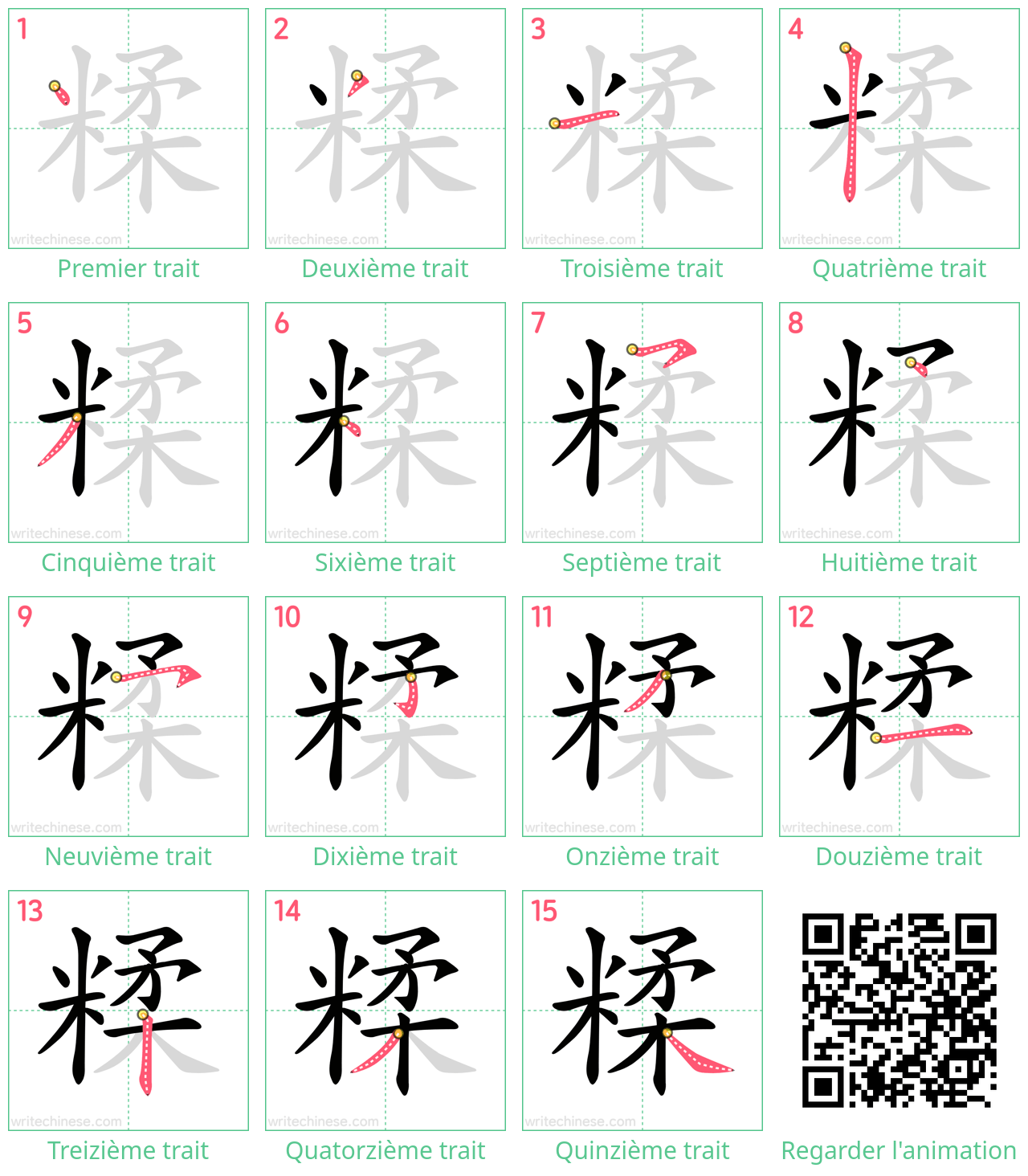 Diagrammes d'ordre des traits étape par étape pour le caractère 糅