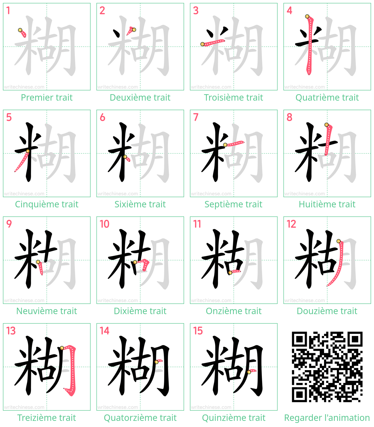 Diagrammes d'ordre des traits étape par étape pour le caractère 糊