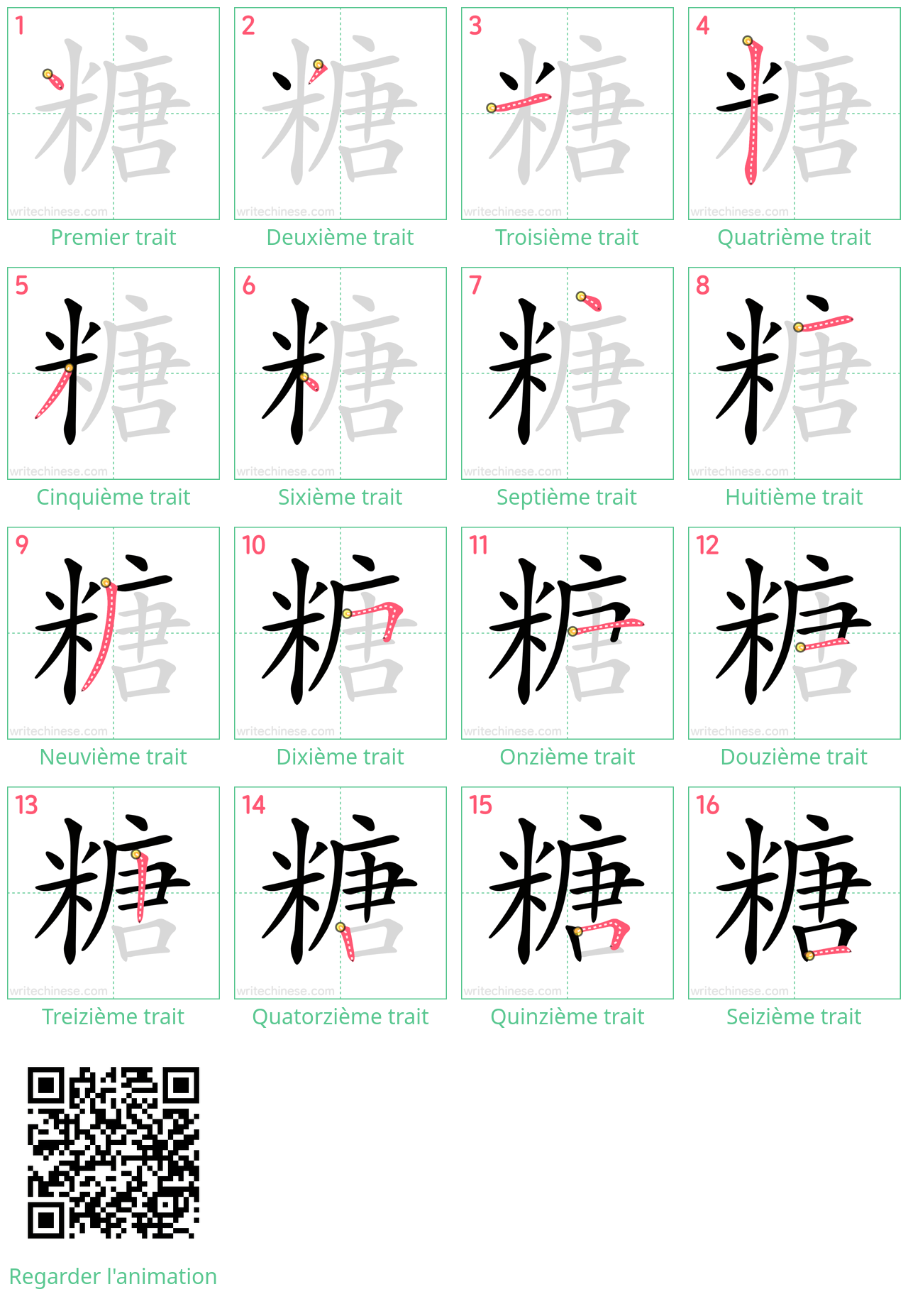 Diagrammes d'ordre des traits étape par étape pour le caractère 糖