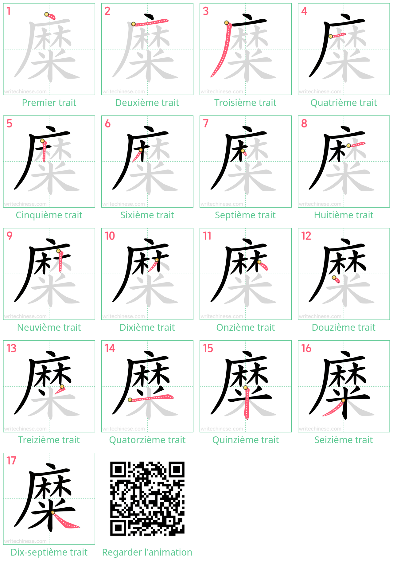 Diagrammes d'ordre des traits étape par étape pour le caractère 糜