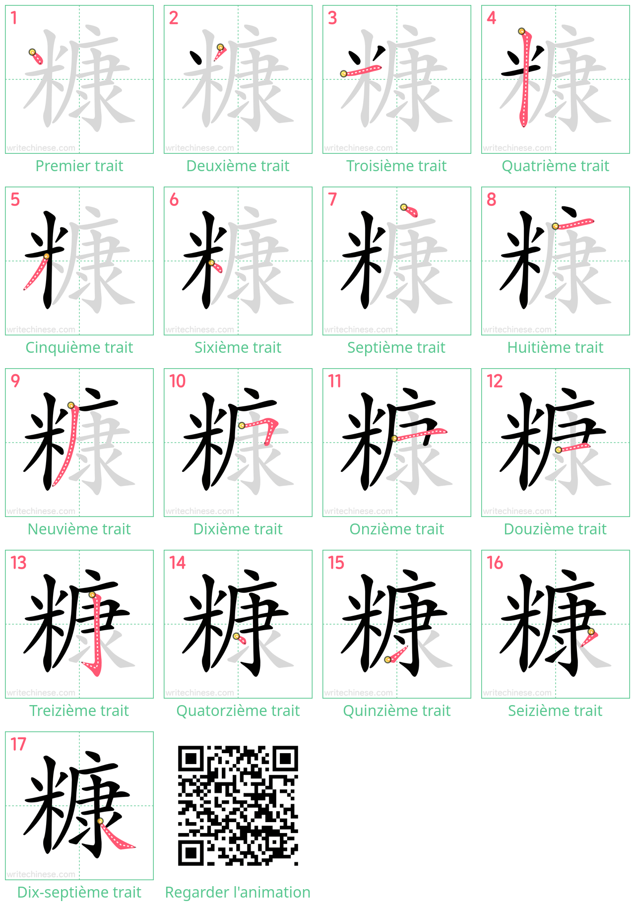 Diagrammes d'ordre des traits étape par étape pour le caractère 糠