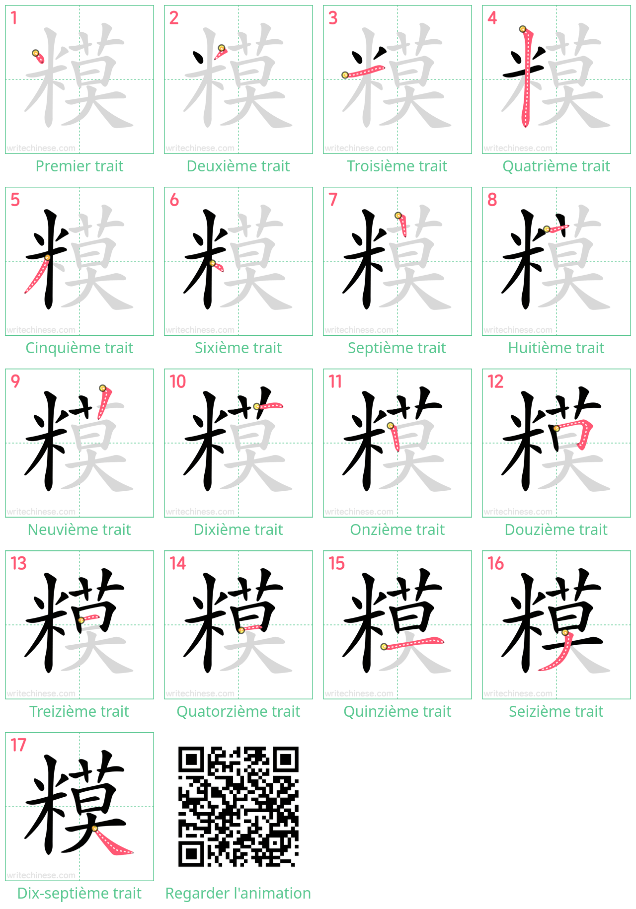 Diagrammes d'ordre des traits étape par étape pour le caractère 糢