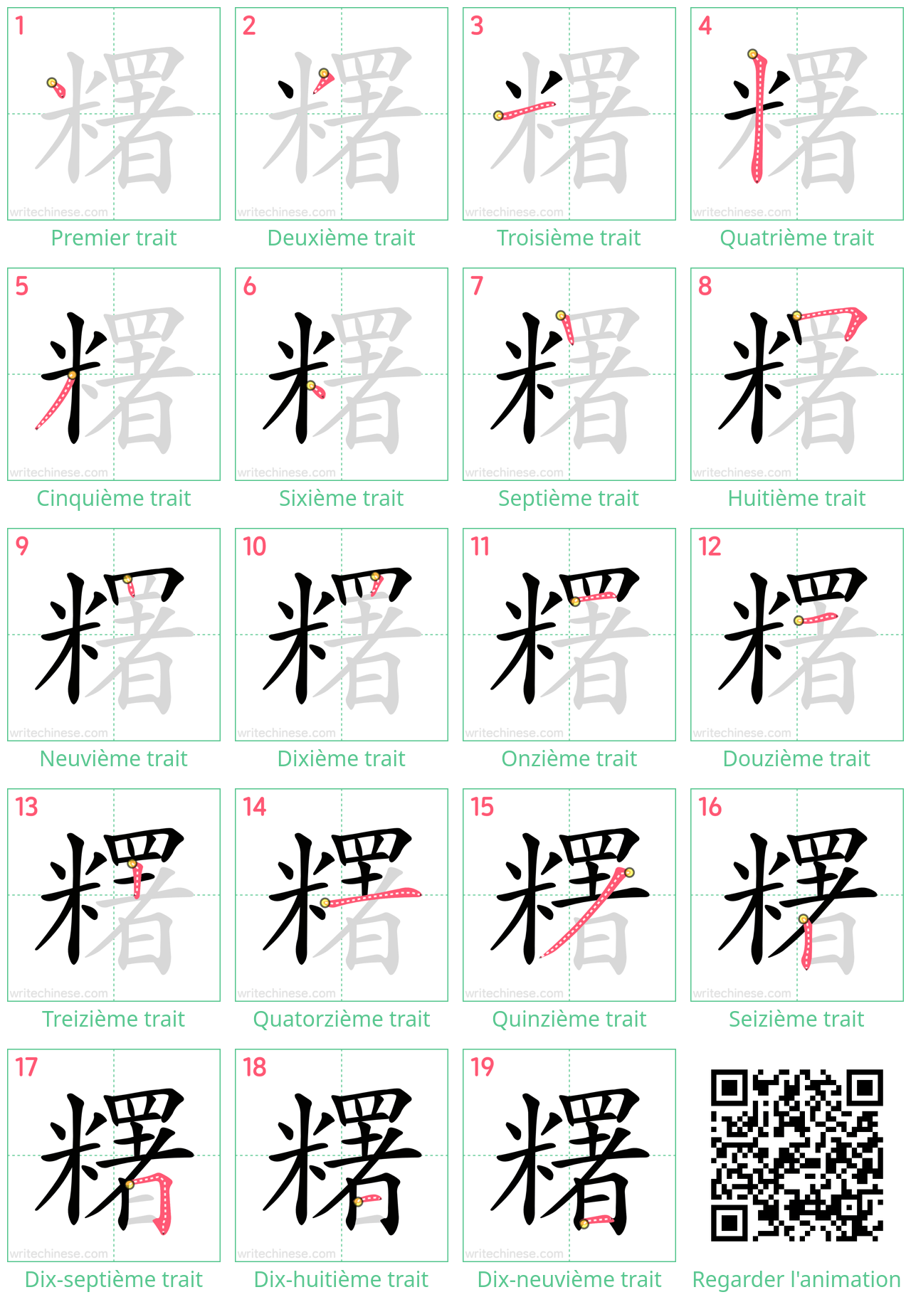 Diagrammes d'ordre des traits étape par étape pour le caractère 糬