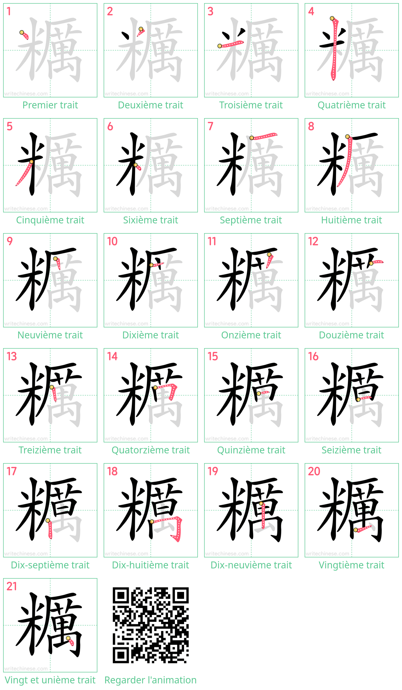 Diagrammes d'ordre des traits étape par étape pour le caractère 糲