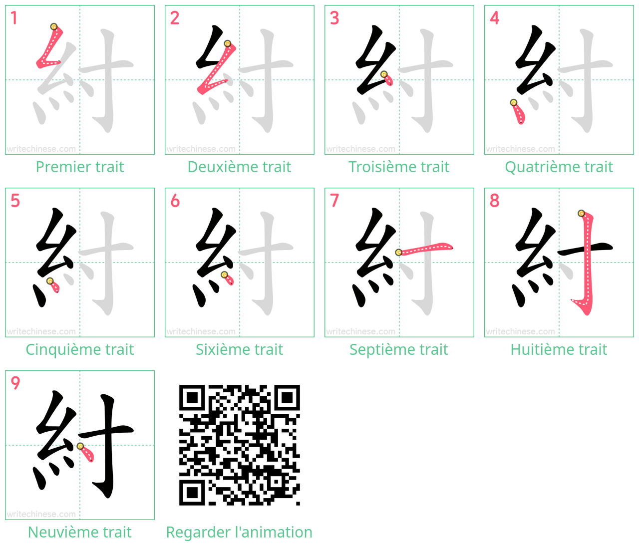 Diagrammes d'ordre des traits étape par étape pour le caractère 紂