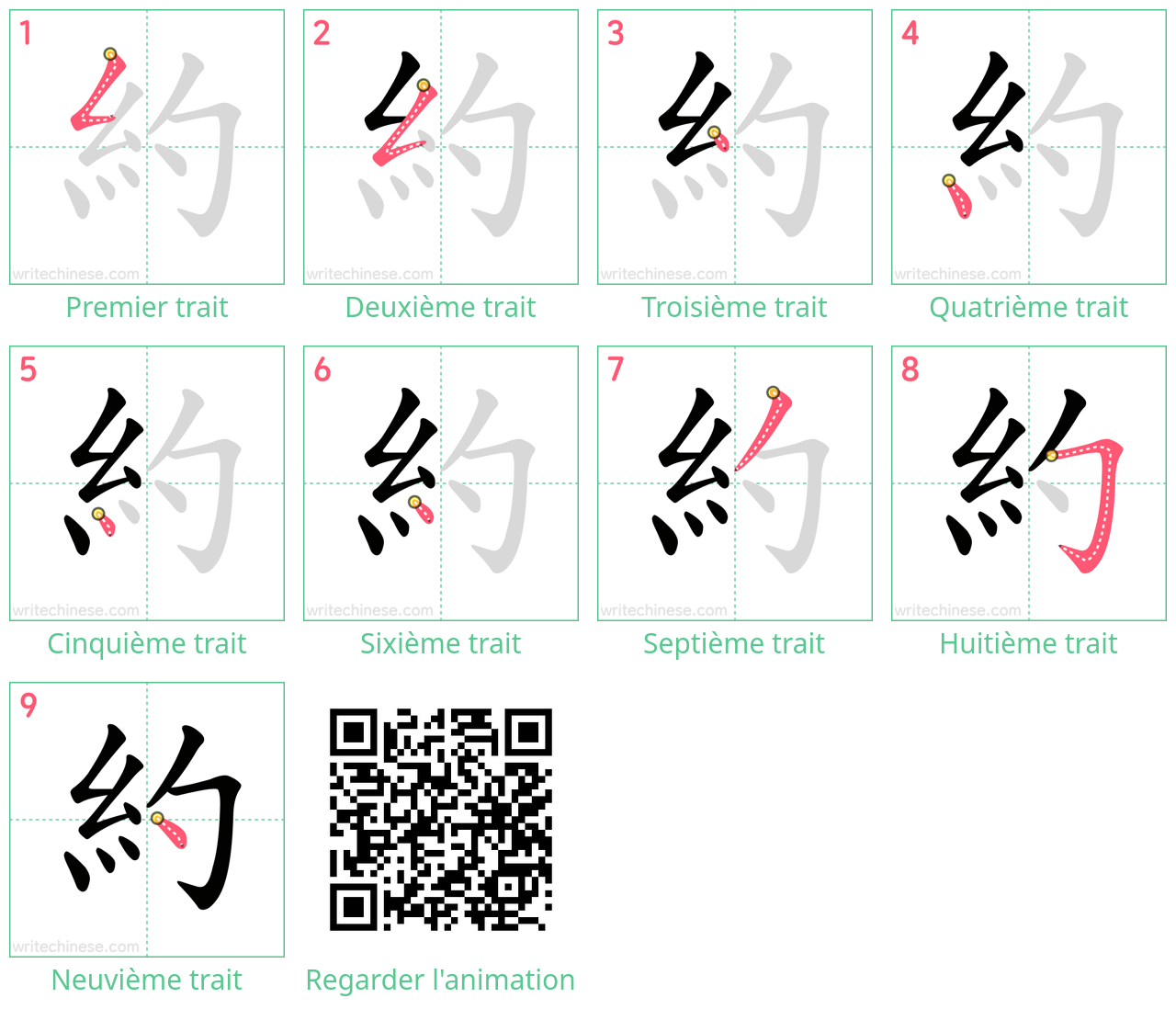 Diagrammes d'ordre des traits étape par étape pour le caractère 約