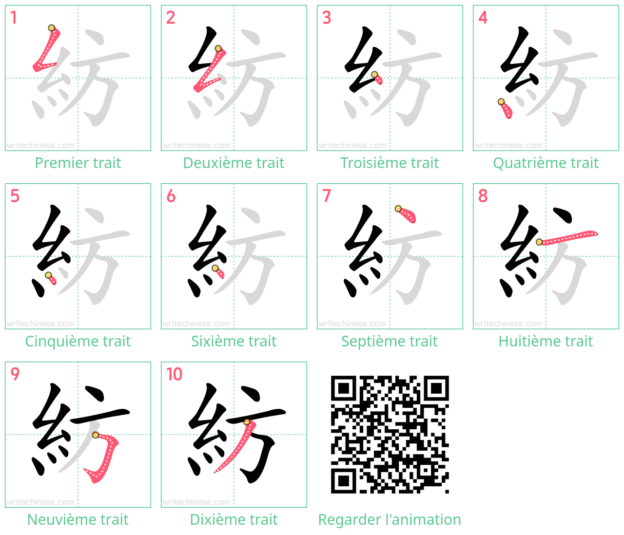 Diagrammes d'ordre des traits étape par étape pour le caractère 紡