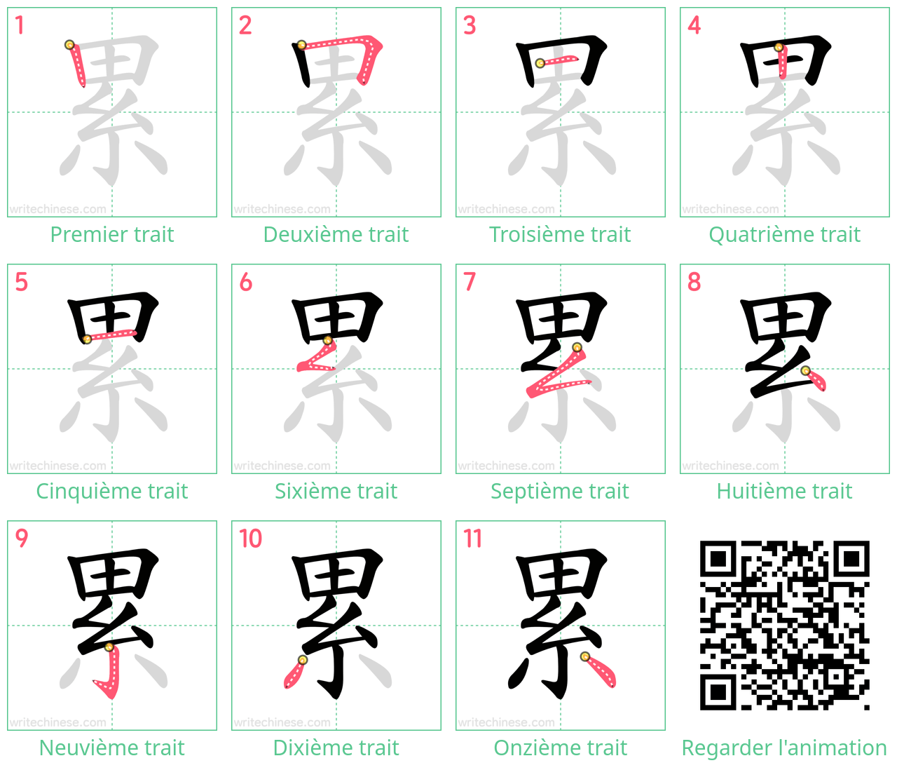 Diagrammes d'ordre des traits étape par étape pour le caractère 累