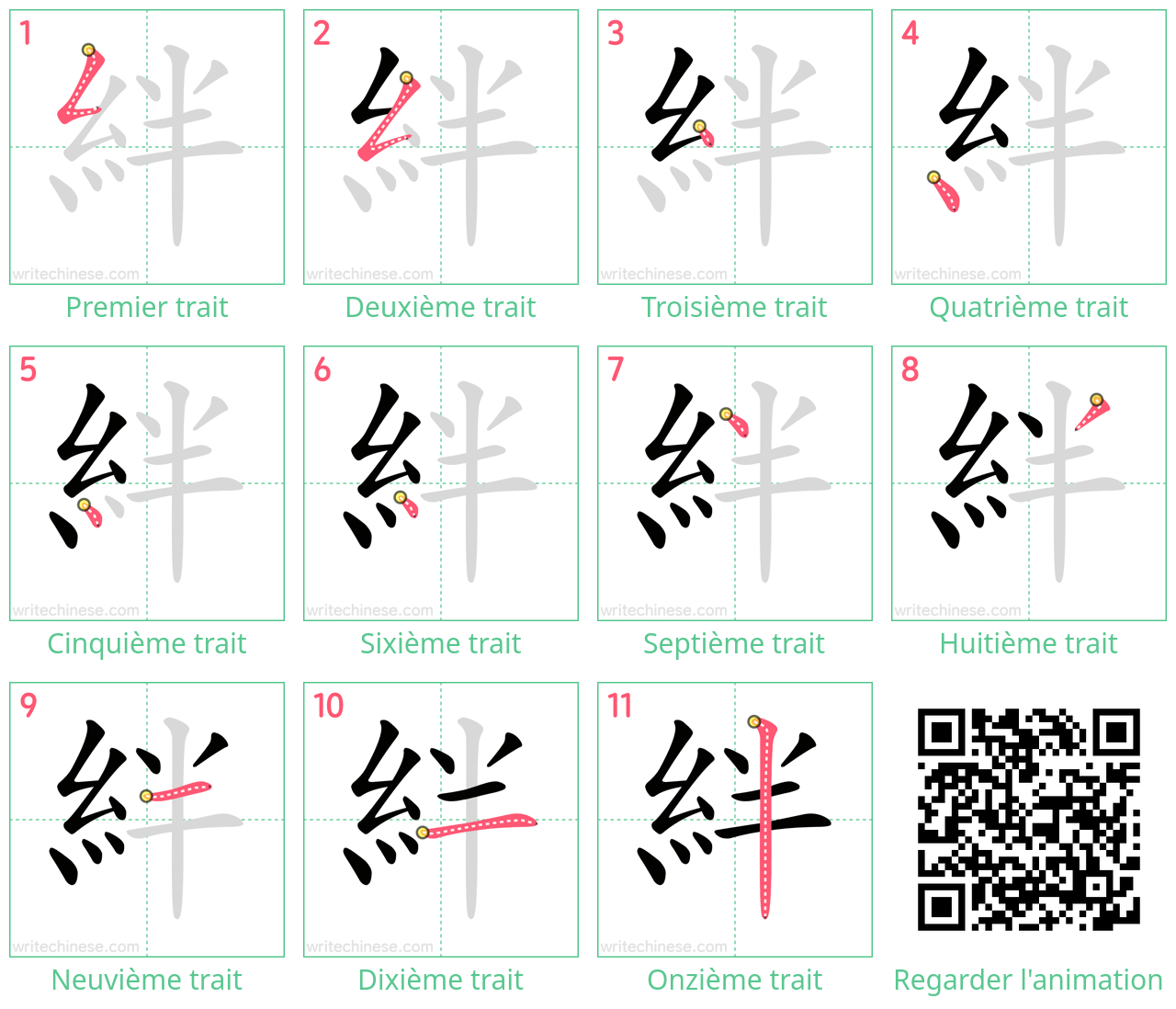 Diagrammes d'ordre des traits étape par étape pour le caractère 絆