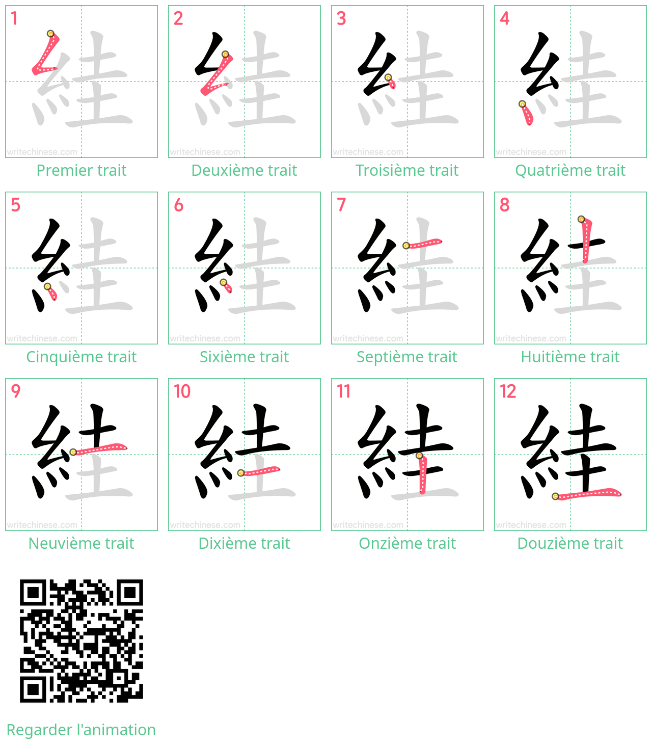 Diagrammes d'ordre des traits étape par étape pour le caractère 絓