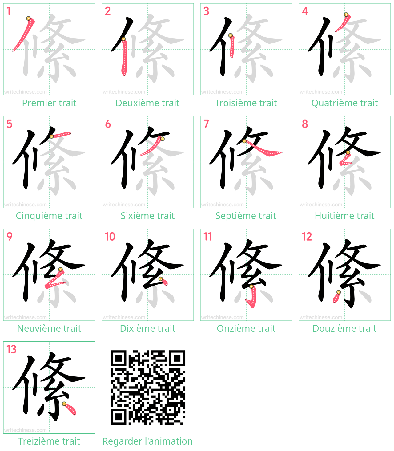 Diagrammes d'ordre des traits étape par étape pour le caractère 絛