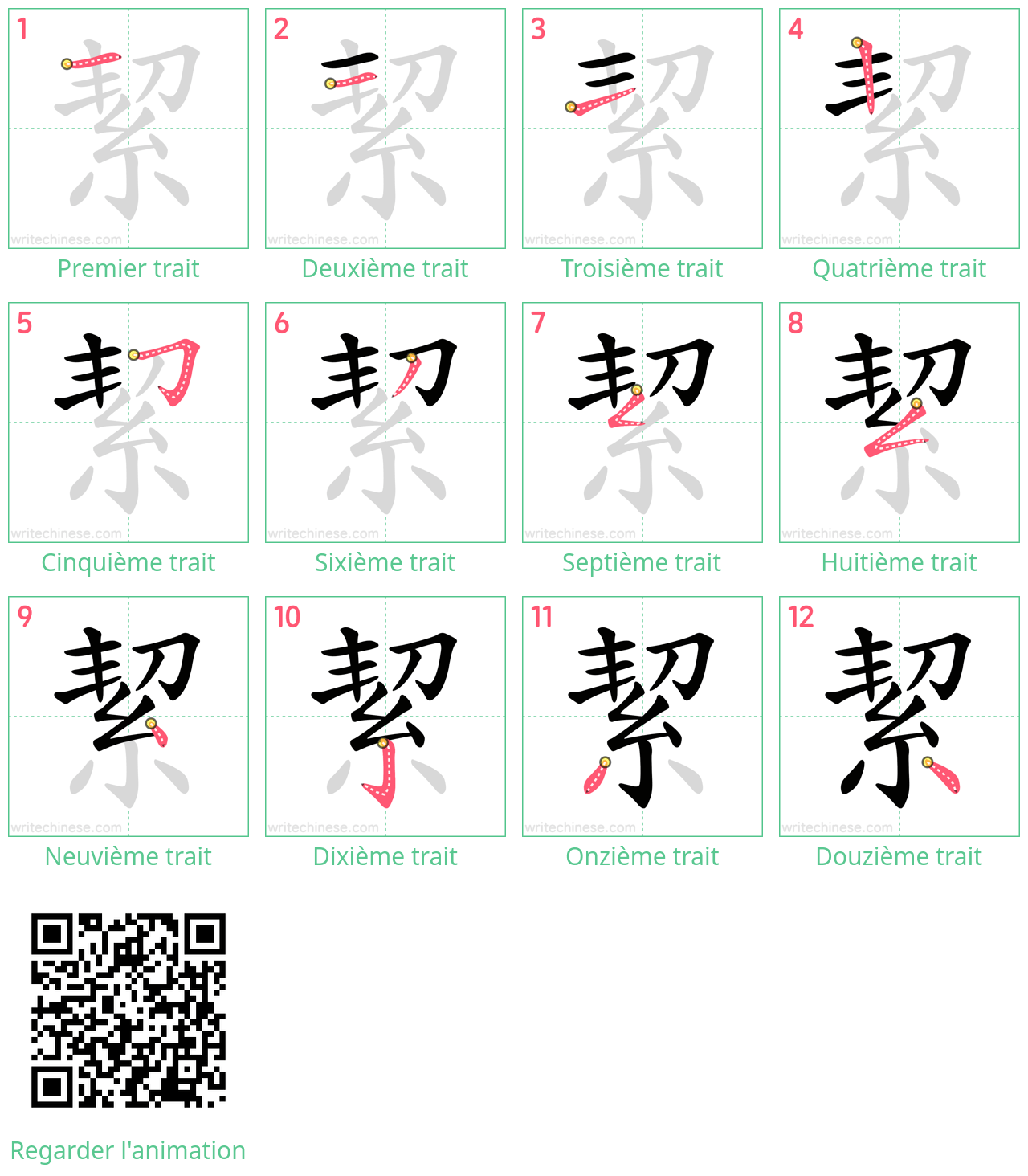 Diagrammes d'ordre des traits étape par étape pour le caractère 絜