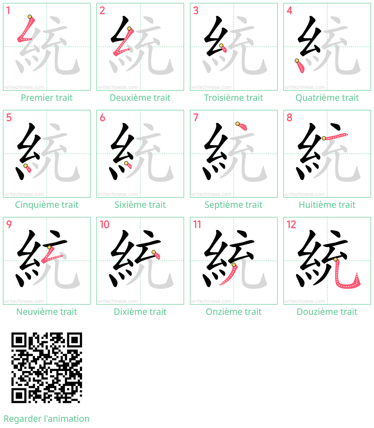 Diagrammes d'ordre des traits étape par étape pour le caractère 統