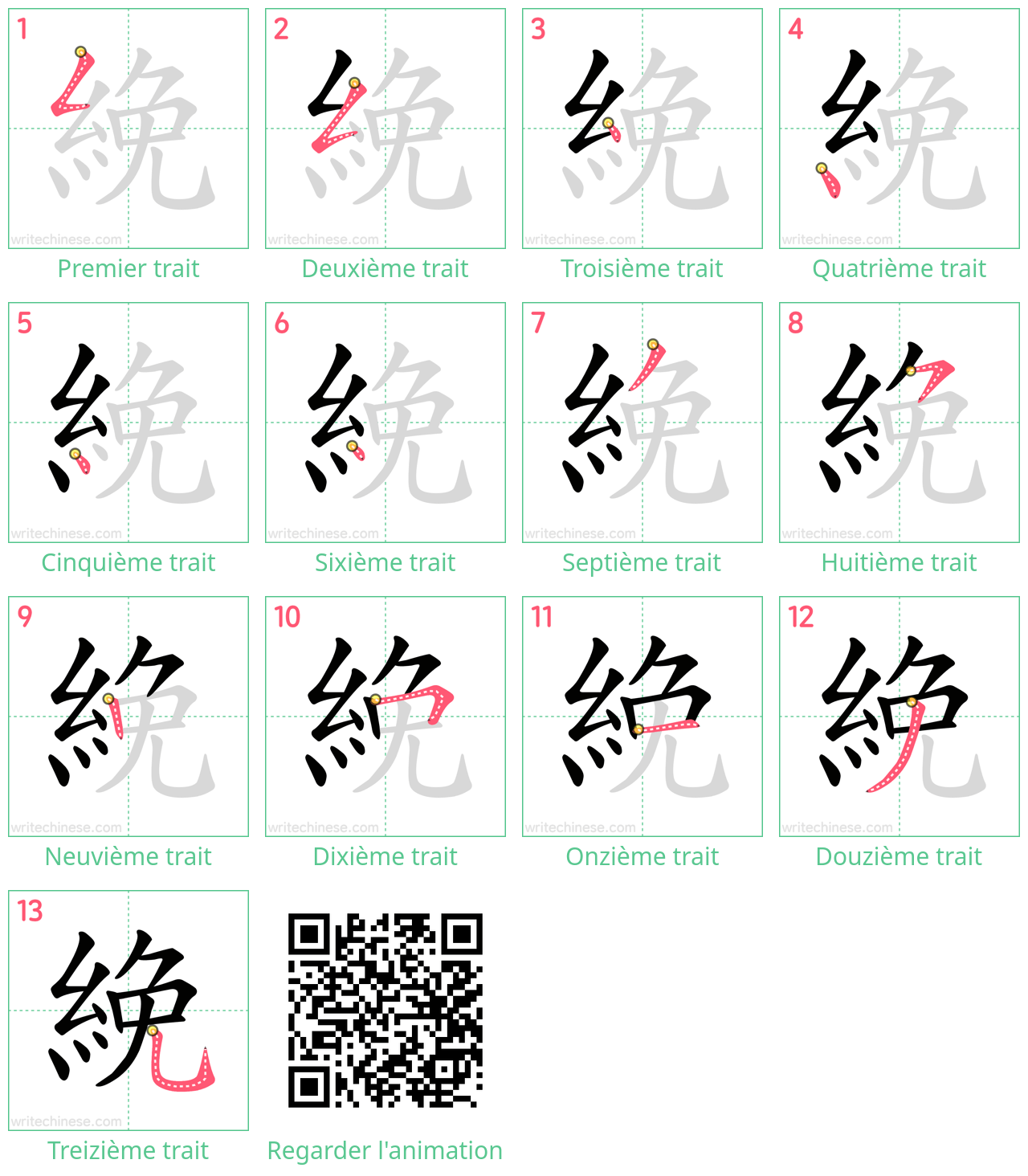 Diagrammes d'ordre des traits étape par étape pour le caractère 絻