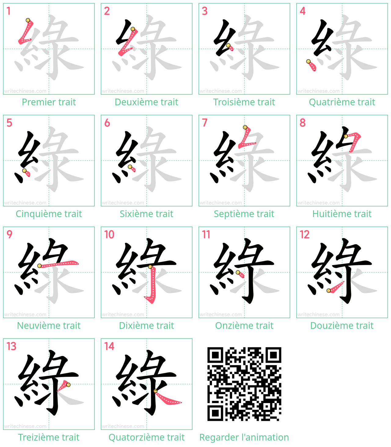 Diagrammes d'ordre des traits étape par étape pour le caractère 綠