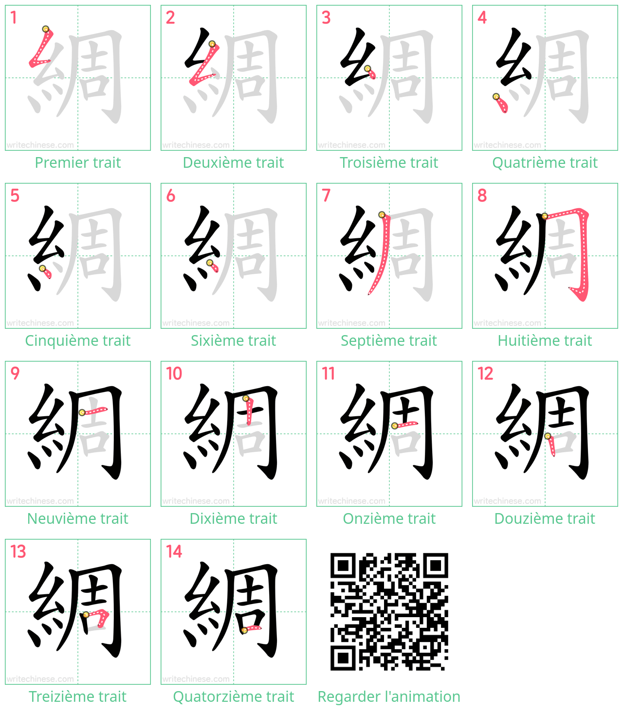 Diagrammes d'ordre des traits étape par étape pour le caractère 綢