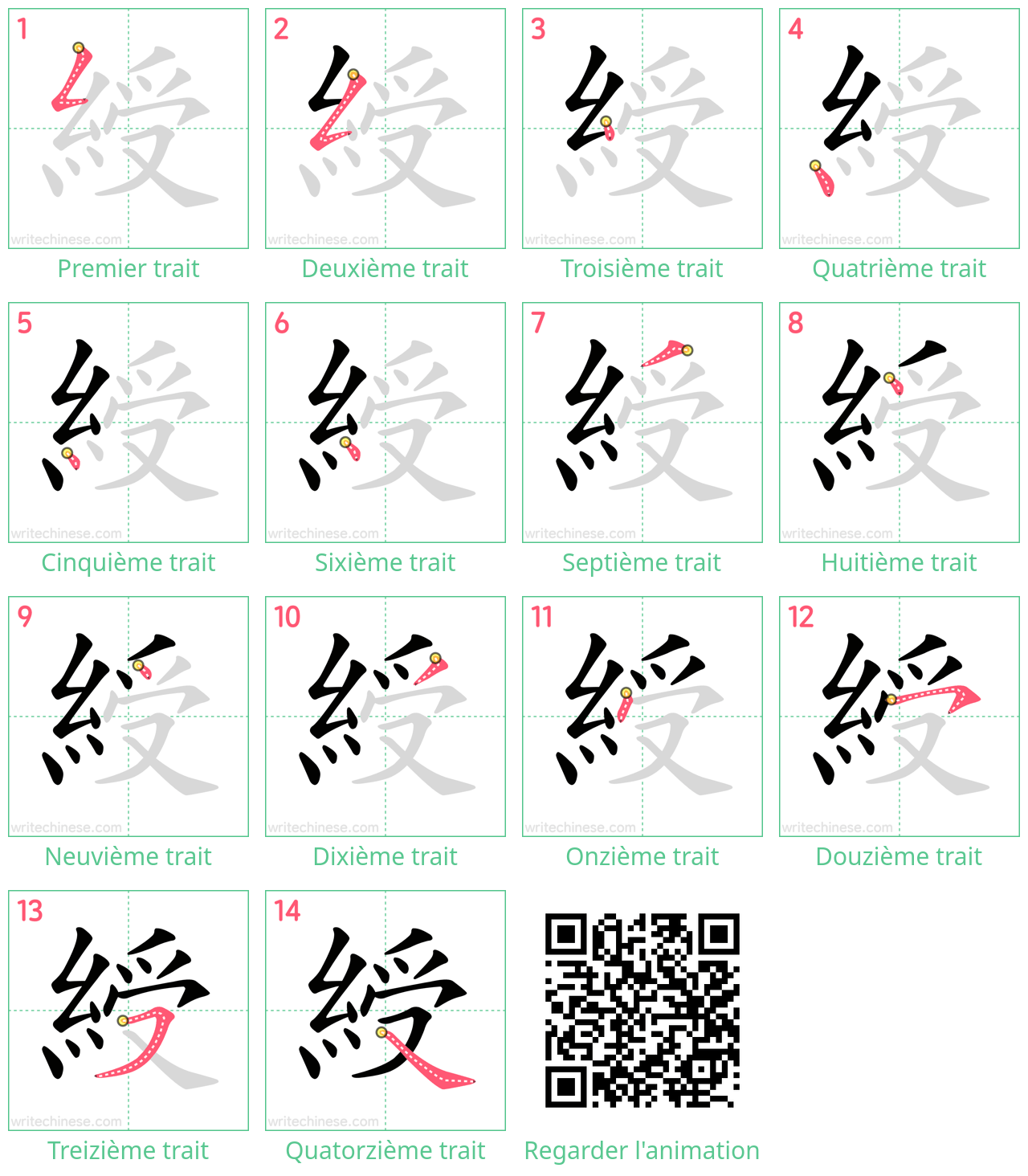 Diagrammes d'ordre des traits étape par étape pour le caractère 綬