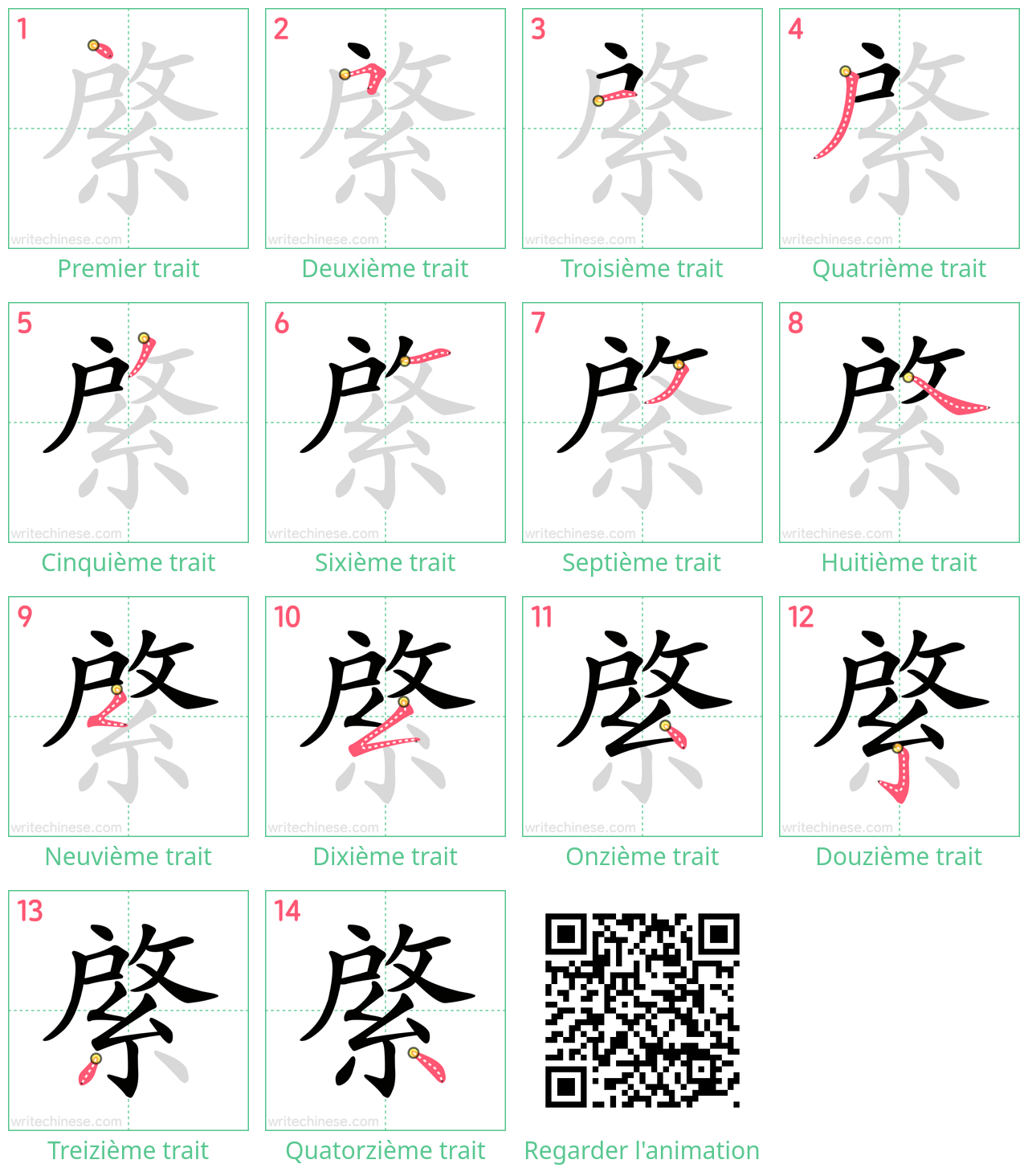 Diagrammes d'ordre des traits étape par étape pour le caractère 綮