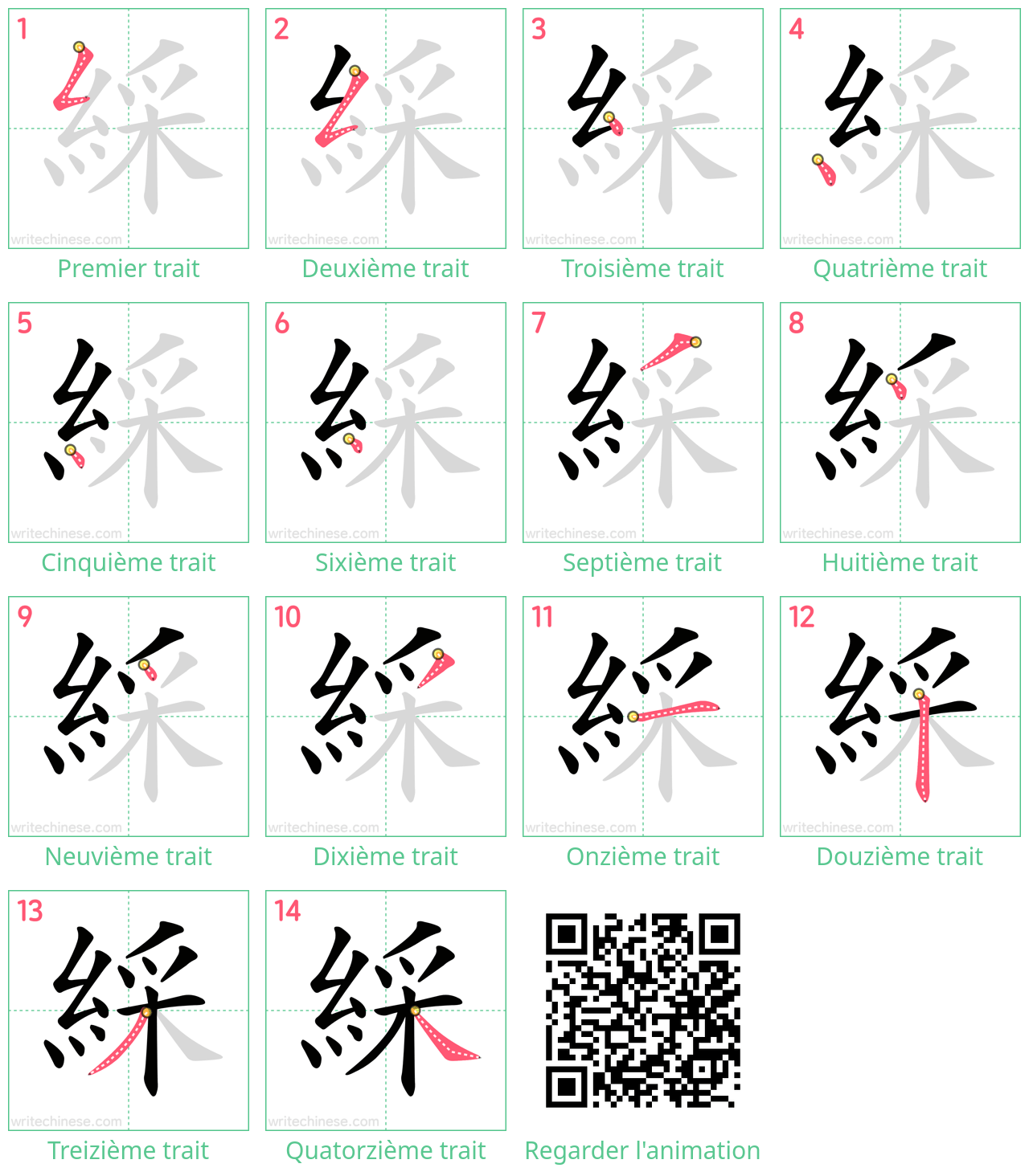 Diagrammes d'ordre des traits étape par étape pour le caractère 綵