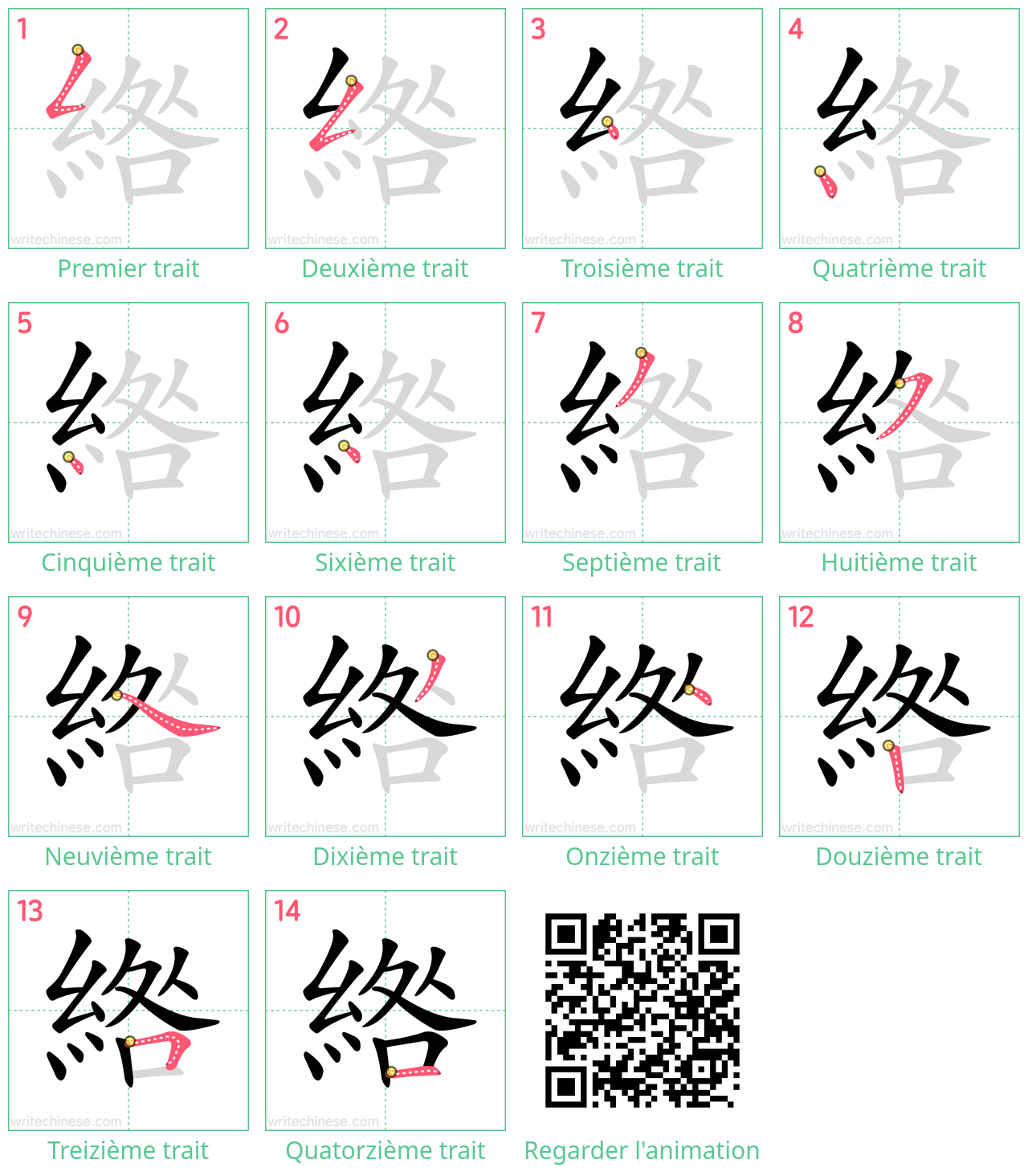 Diagrammes d'ordre des traits étape par étape pour le caractère 綹