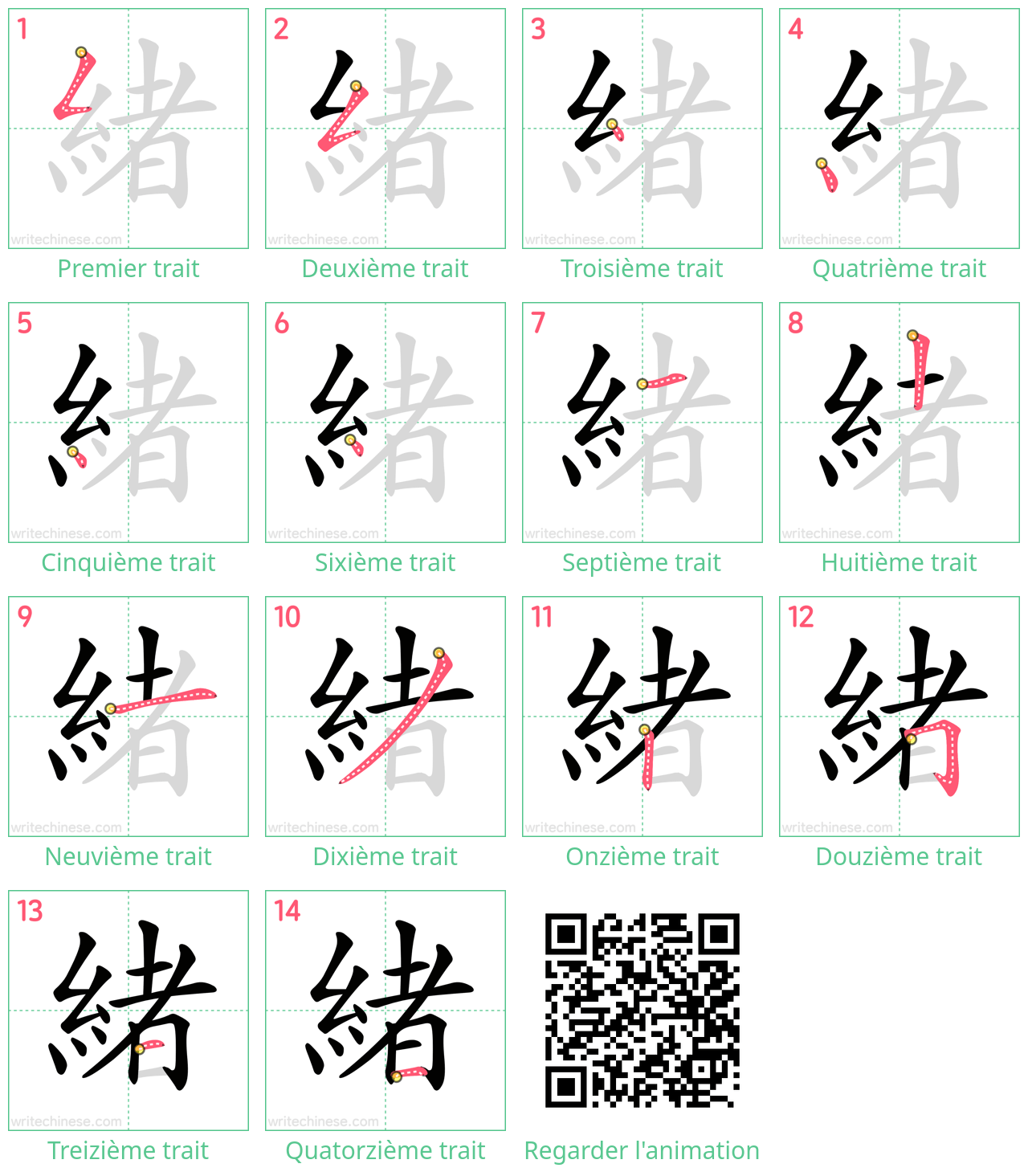 Diagrammes d'ordre des traits étape par étape pour le caractère 緒