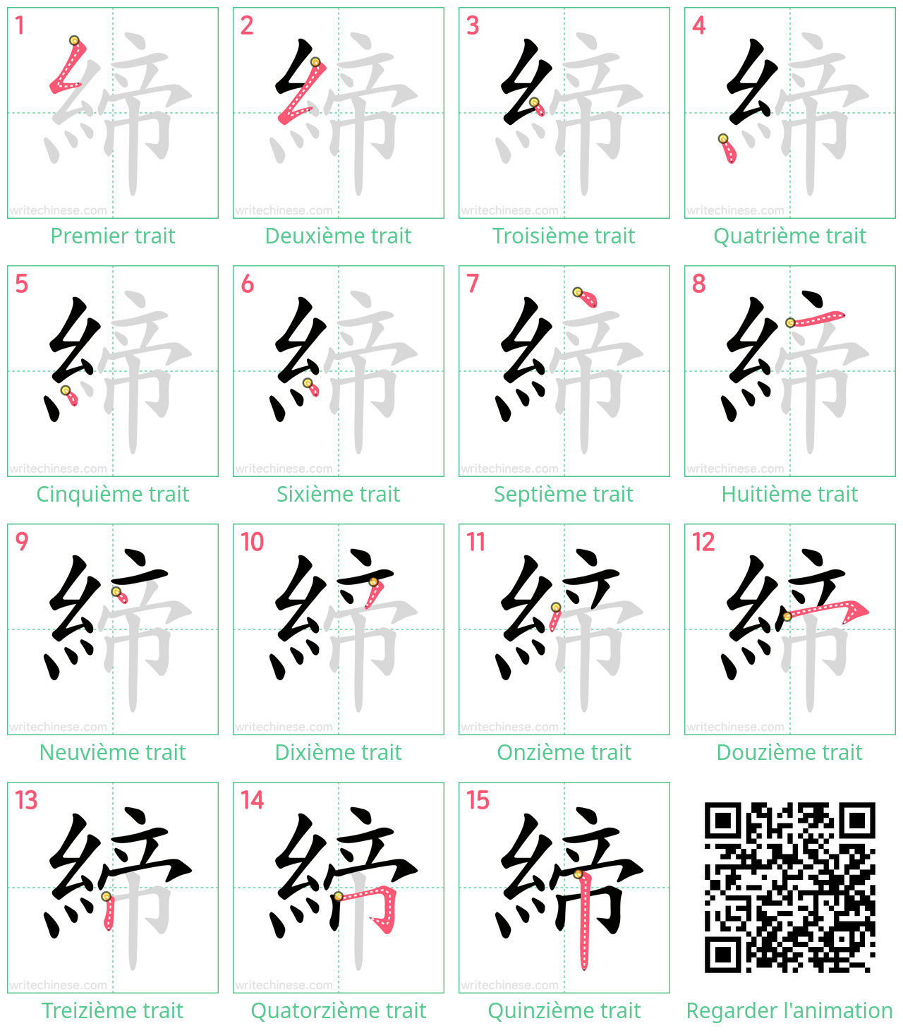 Diagrammes d'ordre des traits étape par étape pour le caractère 締