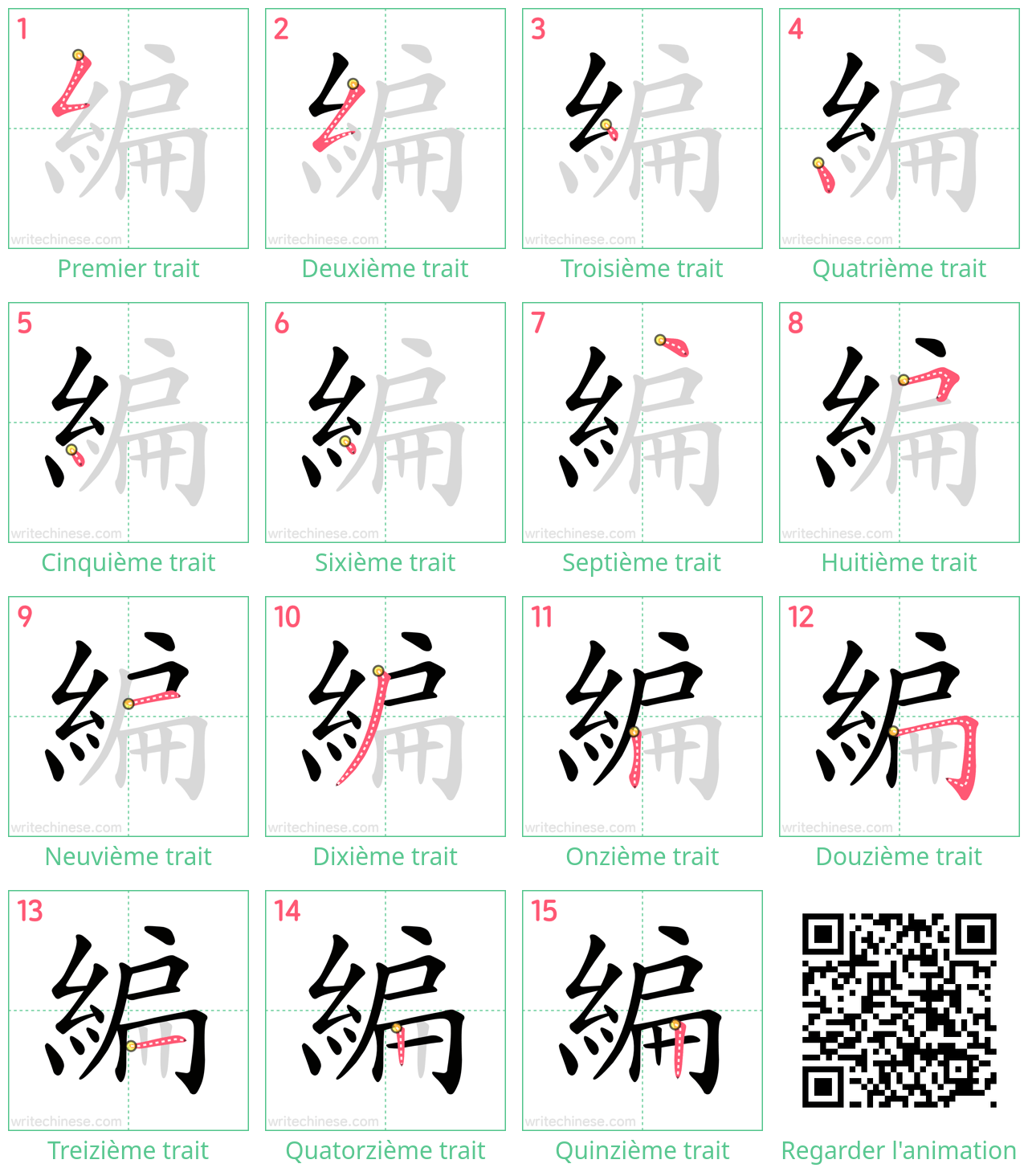 Diagrammes d'ordre des traits étape par étape pour le caractère 編