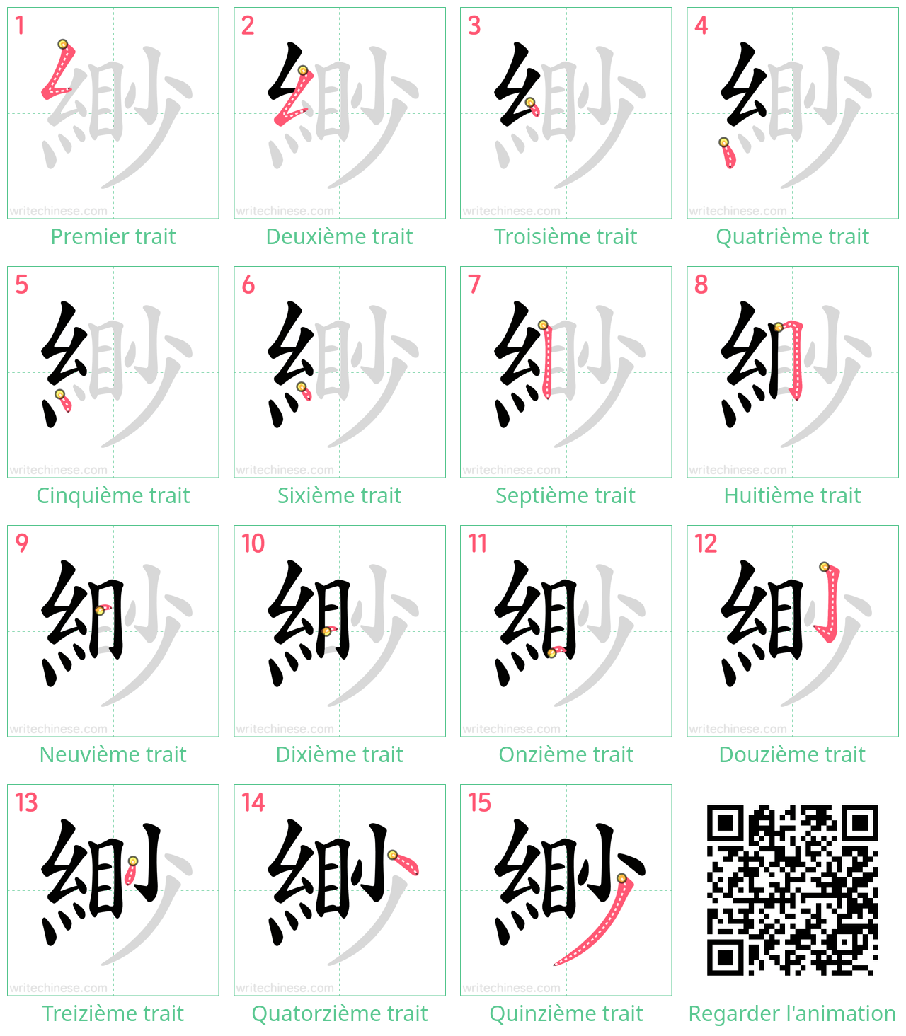 Diagrammes d'ordre des traits étape par étape pour le caractère 緲