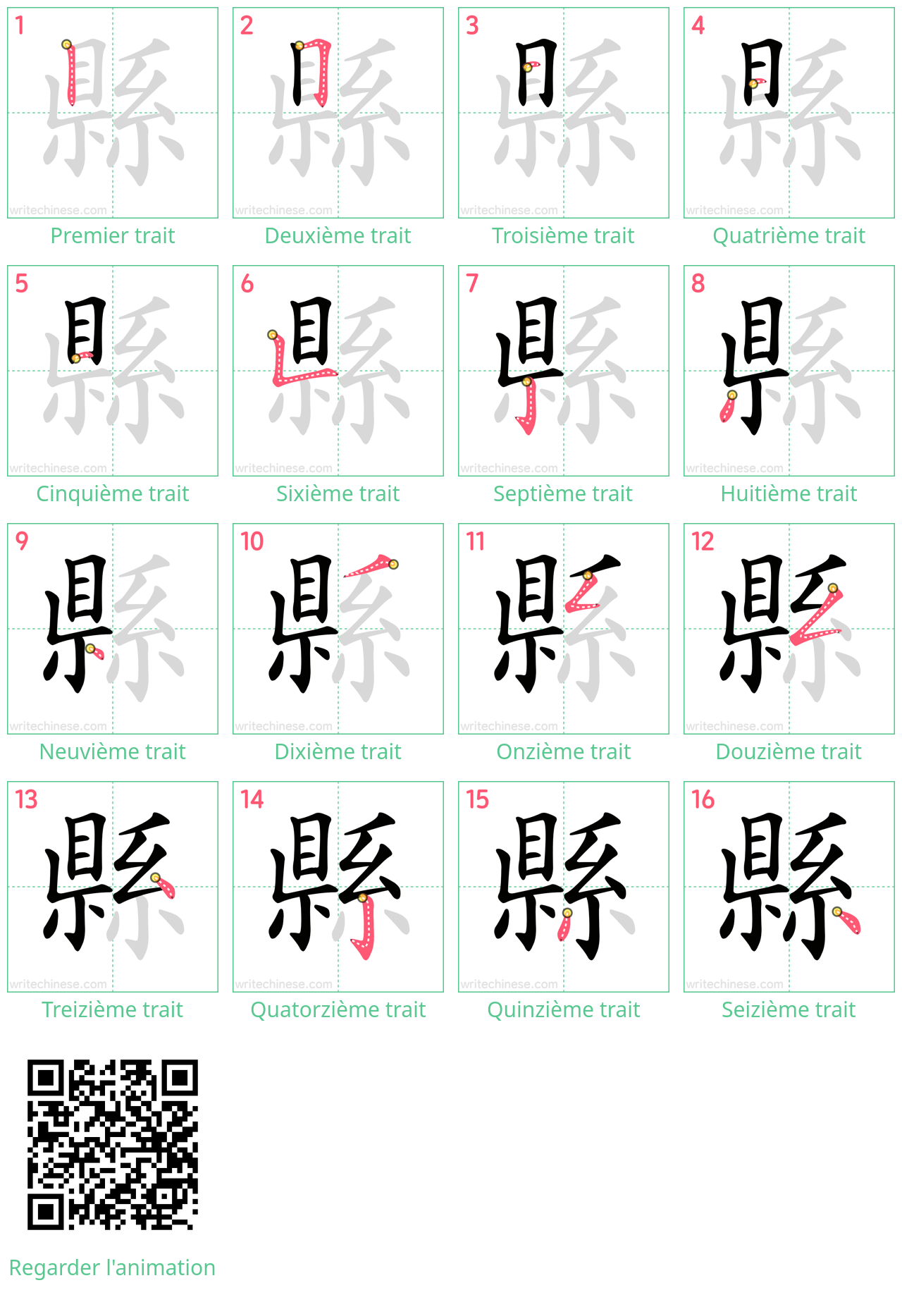 Diagrammes d'ordre des traits étape par étape pour le caractère 縣