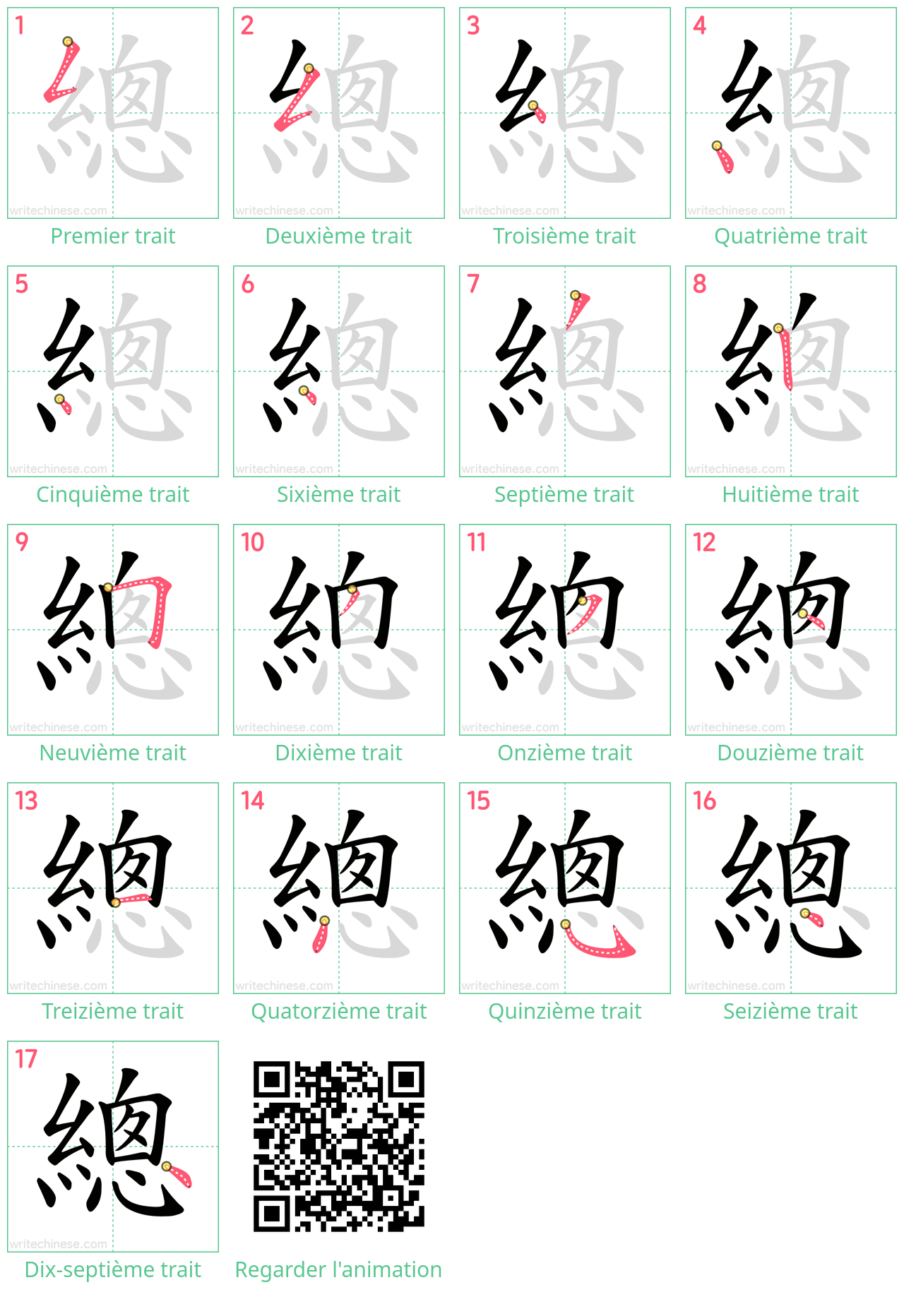 Diagrammes d'ordre des traits étape par étape pour le caractère 總