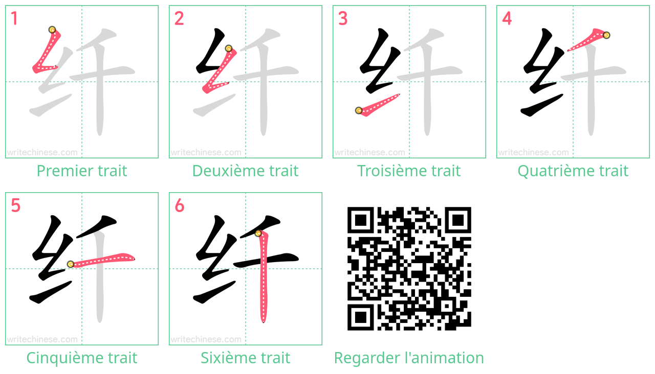 Diagrammes d'ordre des traits étape par étape pour le caractère 纤