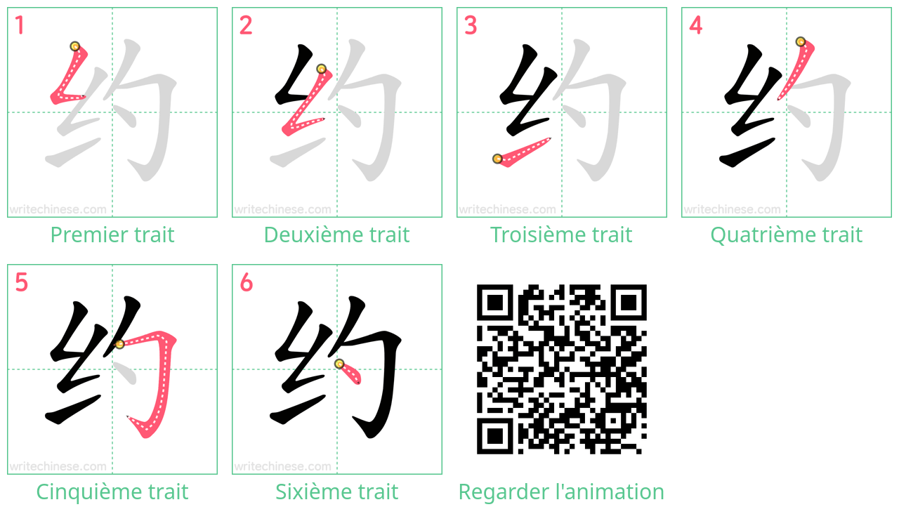 Diagrammes d'ordre des traits étape par étape pour le caractère 约