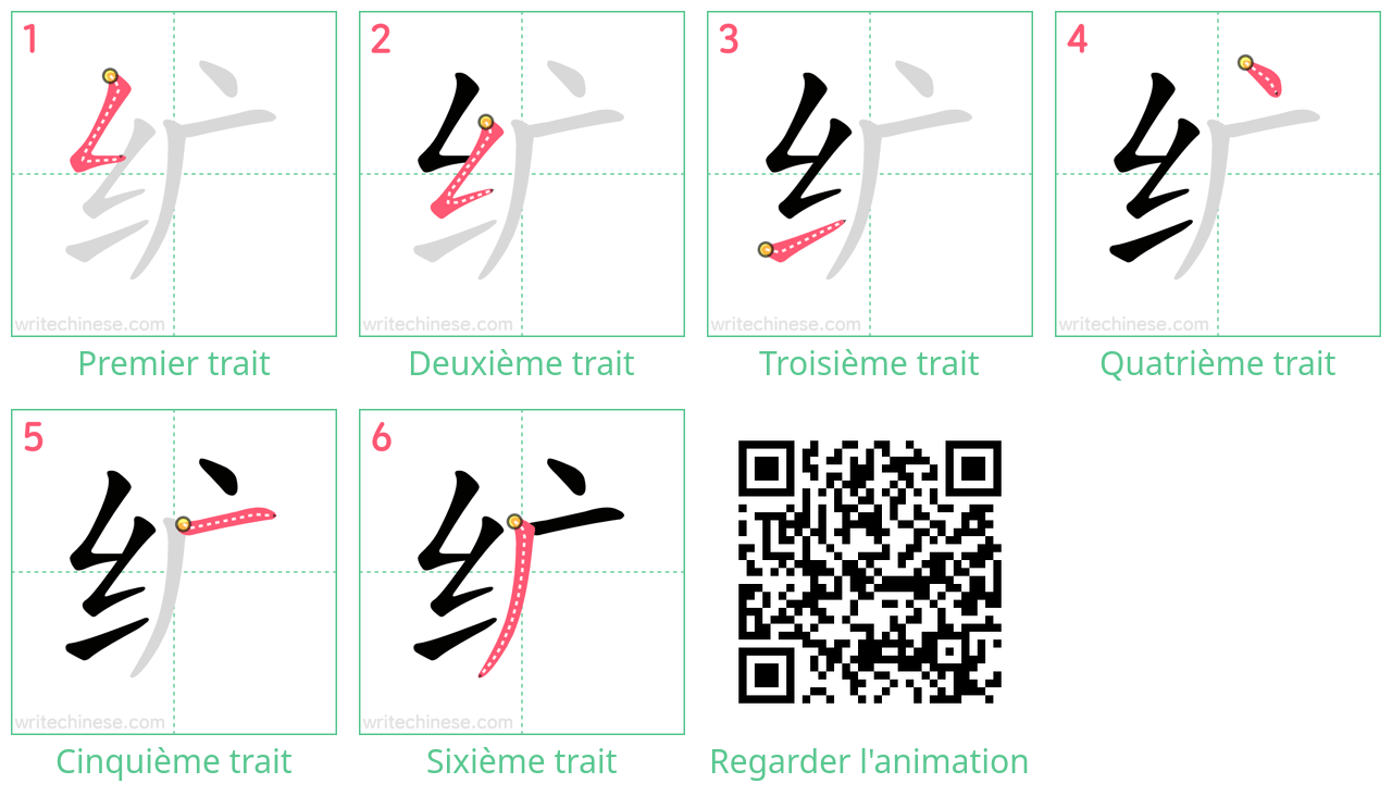 Diagrammes d'ordre des traits étape par étape pour le caractère 纩