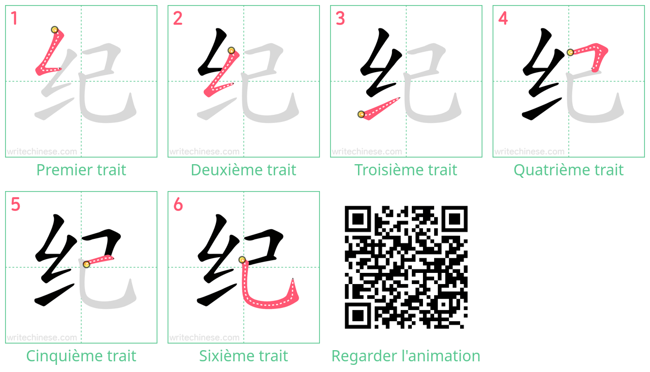 Diagrammes d'ordre des traits étape par étape pour le caractère 纪