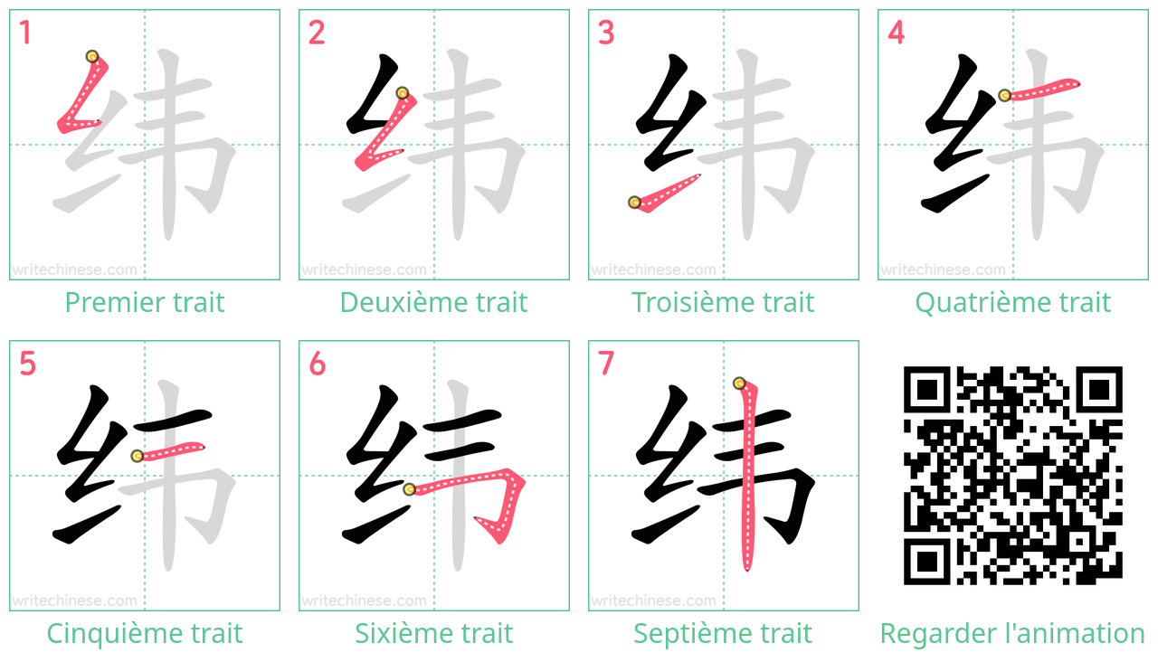 Diagrammes d'ordre des traits étape par étape pour le caractère 纬