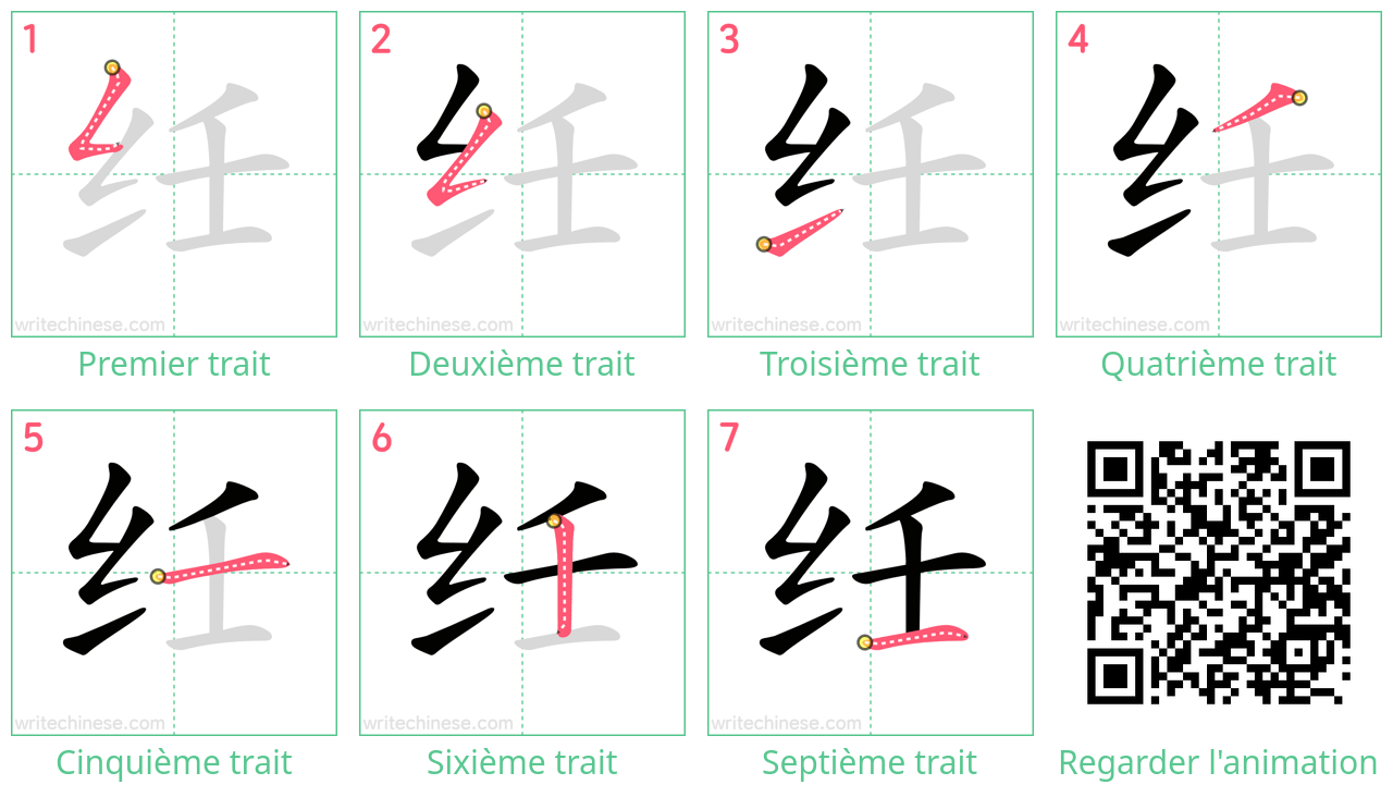 Diagrammes d'ordre des traits étape par étape pour le caractère 纴