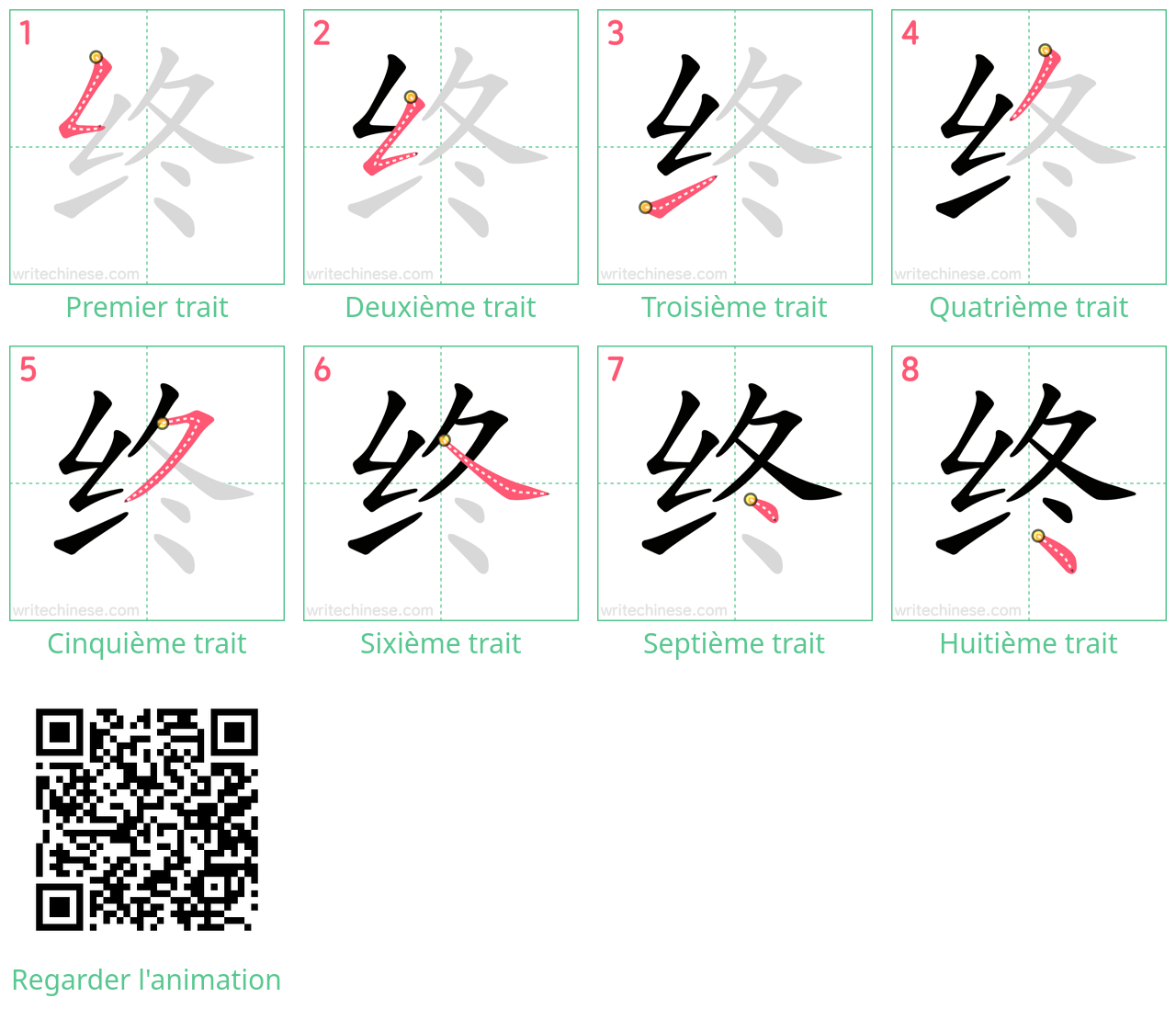 Diagrammes d'ordre des traits étape par étape pour le caractère 终