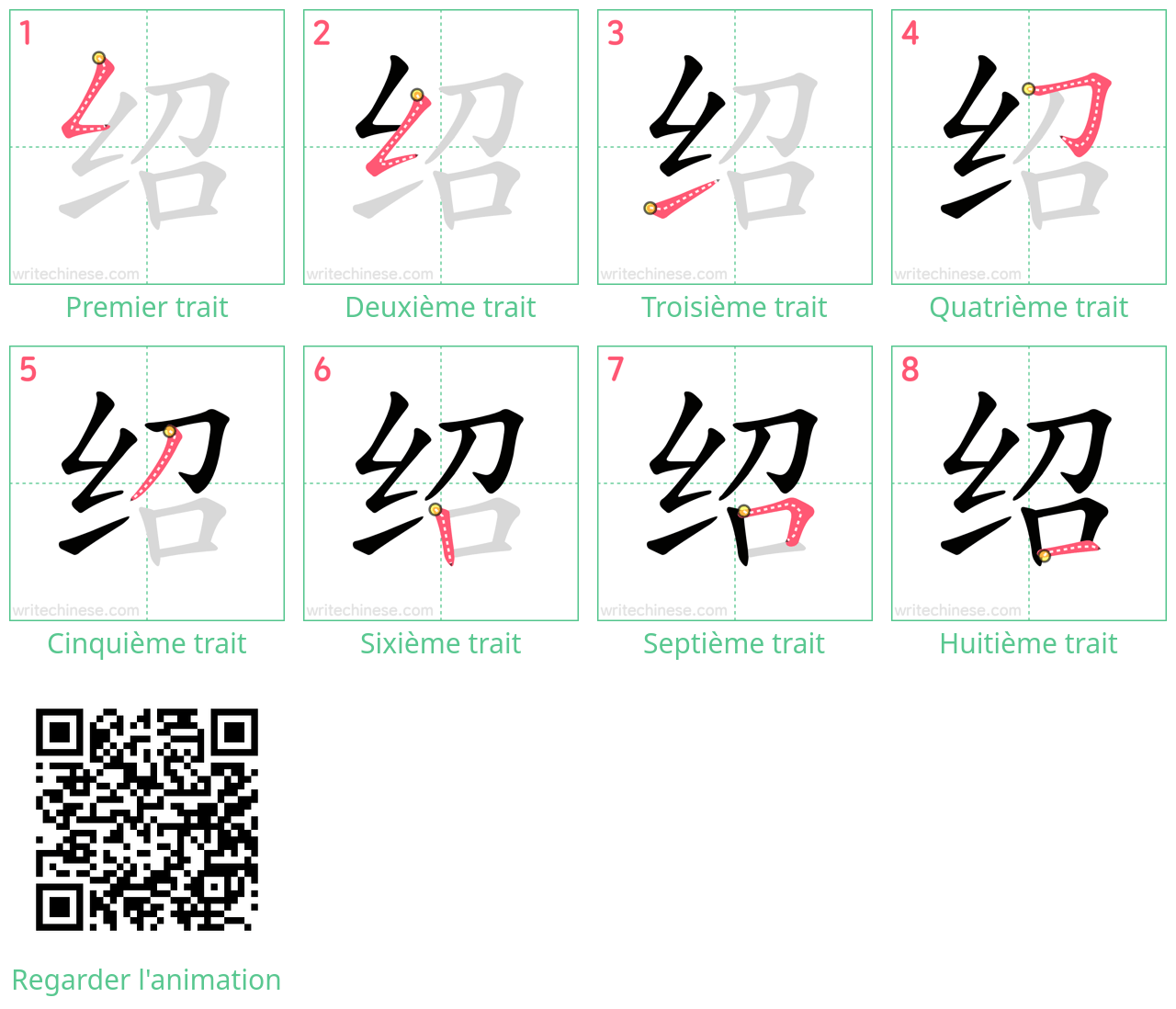Diagrammes d'ordre des traits étape par étape pour le caractère 绍