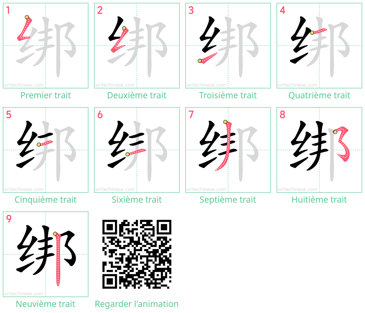 Diagrammes d'ordre des traits étape par étape pour le caractère 绑