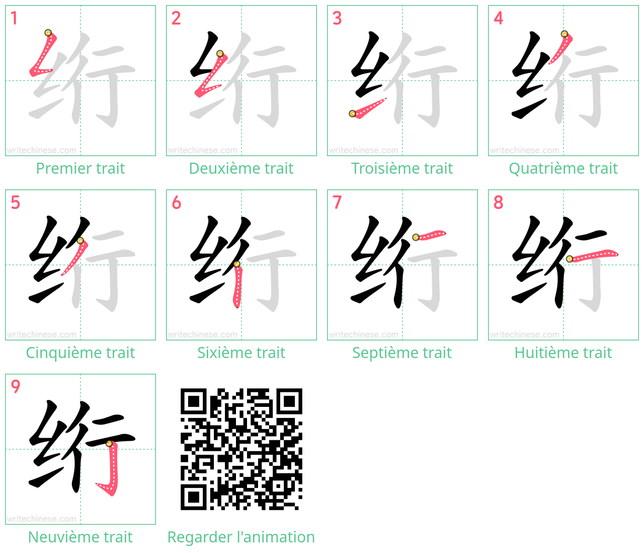 Diagrammes d'ordre des traits étape par étape pour le caractère 绗